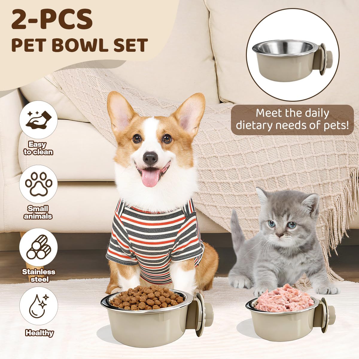 2Pcs Pets Lightweight Stainless Steel Bowl,Removable Stainless Steel Pet Hanging Food Water Feeder Bowl for Puppy Dog Cat Rabbit Ferret Bird Gunea Pigs (Large) - image 6