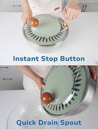 Miniatura 3 de Centrifugadora de Ensalada de Acero Inoxidable, Centrifugadora de Lechuga con Drenaje, Base Antideslizante, Botón de Parada, Secadora de Verduras,