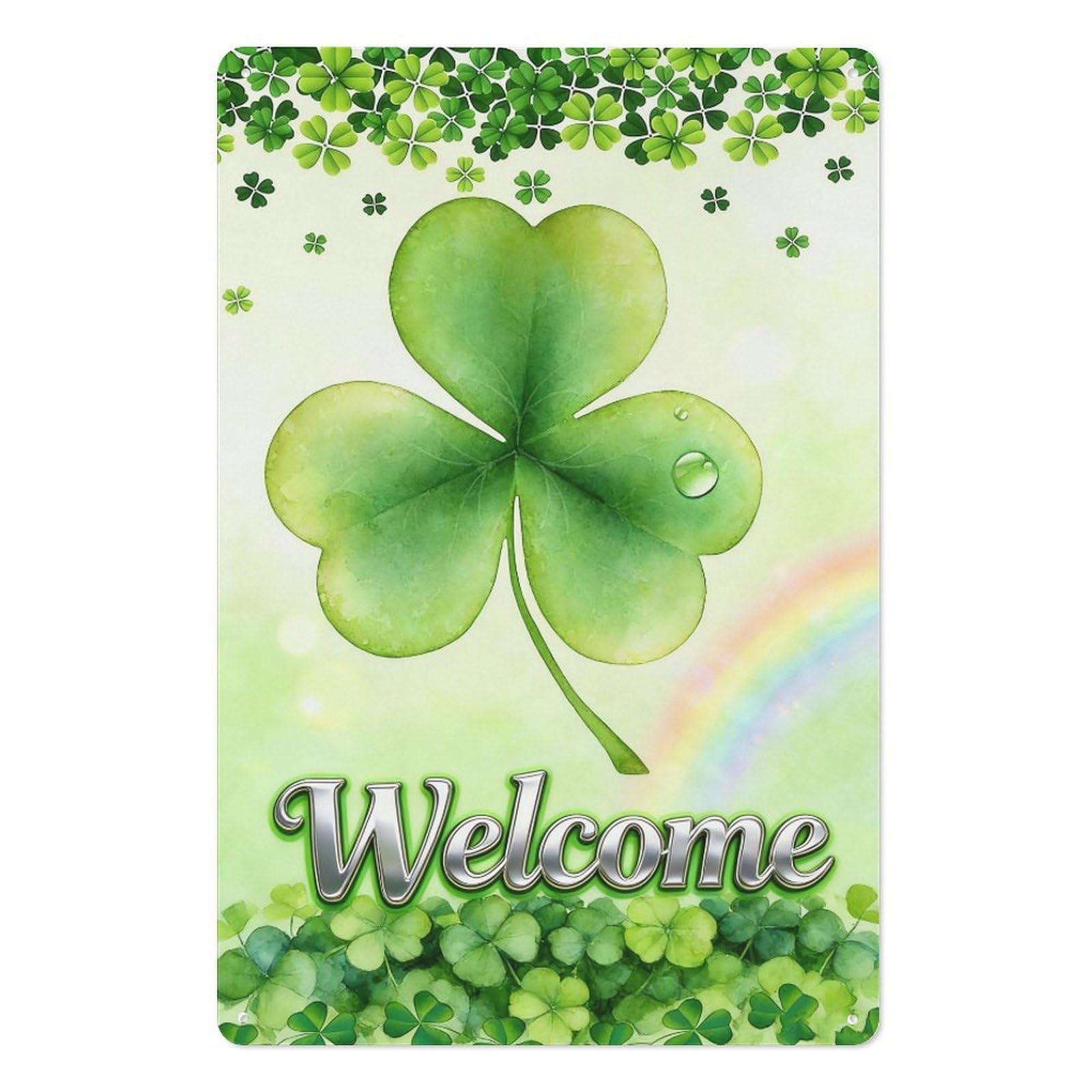 peiyeety Vintage Welcome 3D Metal Tin Sign 8x12 Inch – Irish St Patrick's Day Decor with Glossy Clover, Raindrop & Rainbow Background, Retro Kitchen or Bar Wall Art for Home, Pub, or Celebration