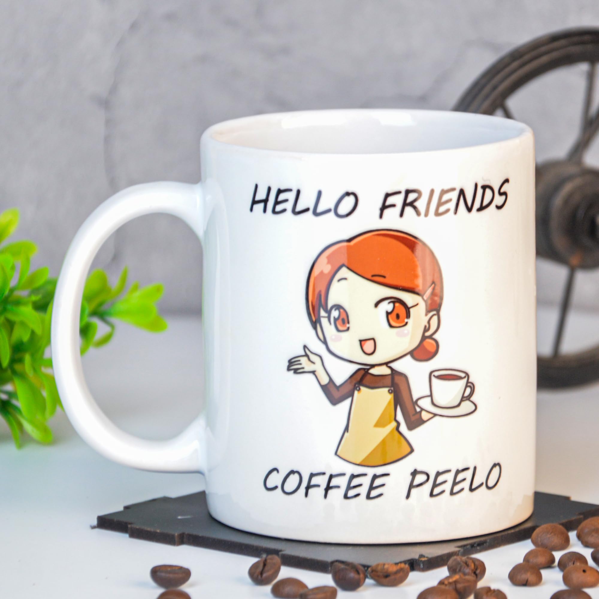 Funny Ceramics Coffee Mug, 1 Piece, 300 ml Capacity, 'Hello Friends Coffee Peelo' Funny Cartoon Printed Cup, Microwave and Dishwasher Safe, Made in India, Easy to Cleane (300 ml)
