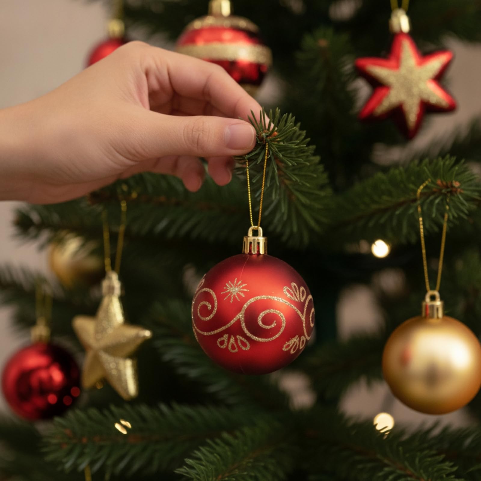 102 Stück bruchsicher Weihtsbaumdeko | Vielseitige Mischung, Christbaumkugeln mit Baumspitze-Gold, Weihtskugelnset, Familien