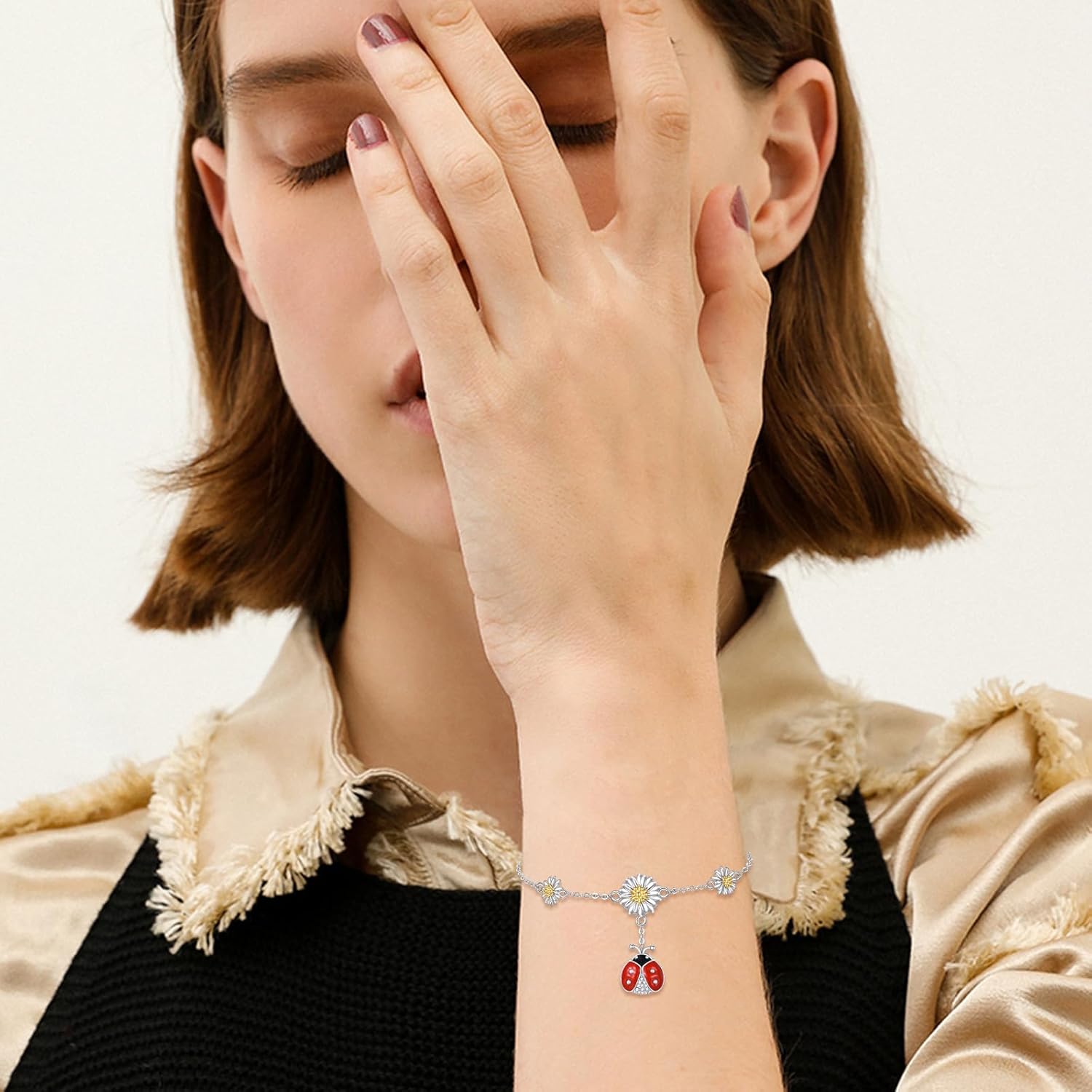 Ladybug Bracelet 925 Sterling Silver Ladybug Daisy Jewelry Bracelet Gifts for Women Mother Friend - Image 4