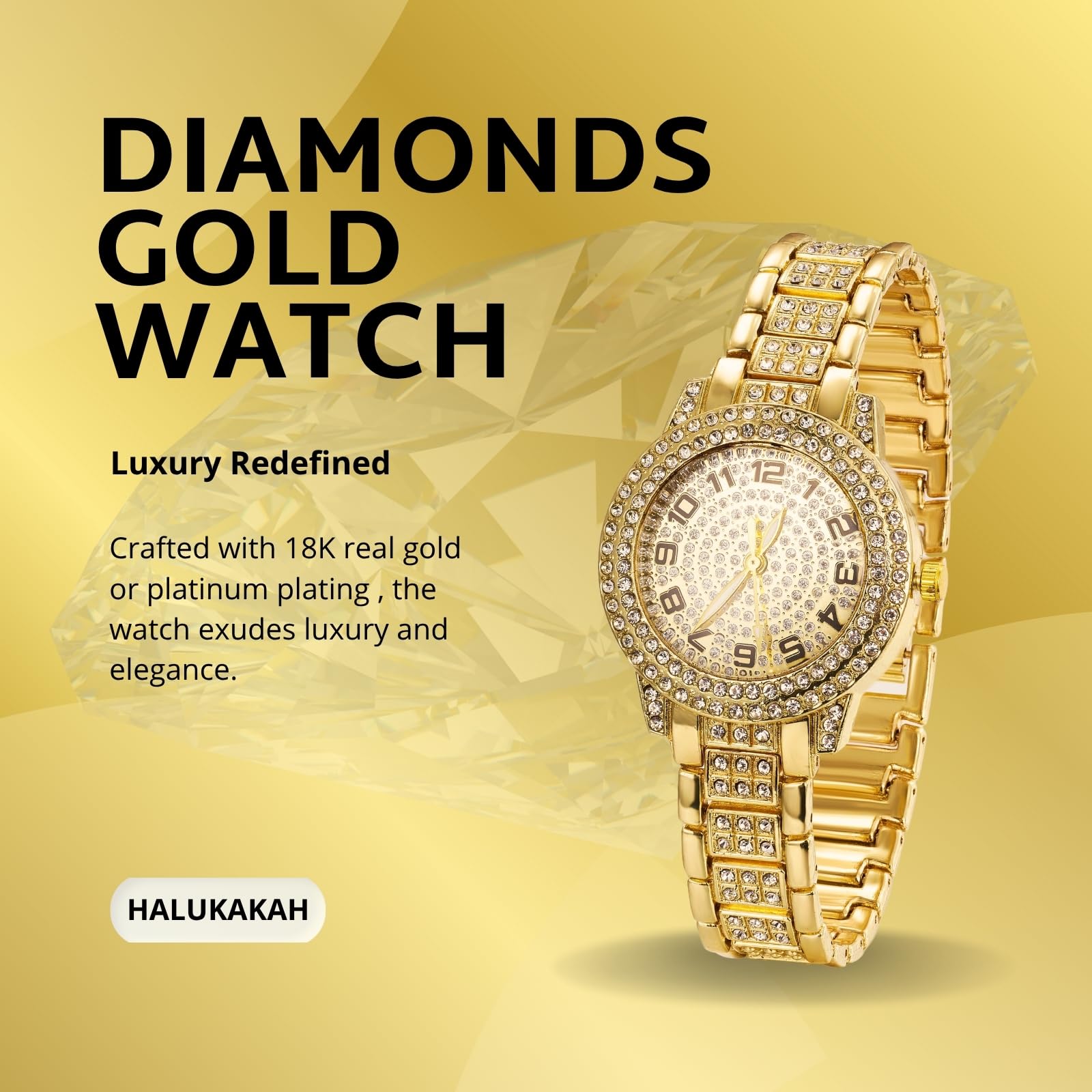 Halukakah Diamanten Gold Uhr Iced Out für Jungen - 18K Echtgold/Platin Platiniert,Rundes Zifferblatt mit Arabischen Zahlen - 19.5cm Länge - Optional mit Cuban Gliederkette - für Geburtstage,Partys
