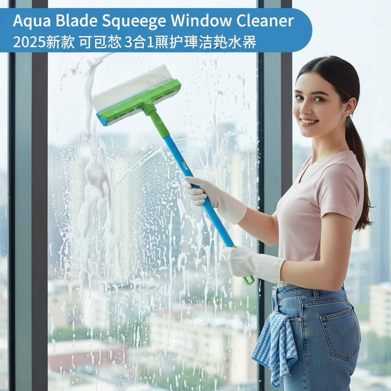Aqua Blade Window Squeegee, 3 In 1 Recyclable Silicone Wiper with Microfiber Scrubber, Rotatable Cleaning Tool for Shower Glass, Mirror, Car, Blue, 200g