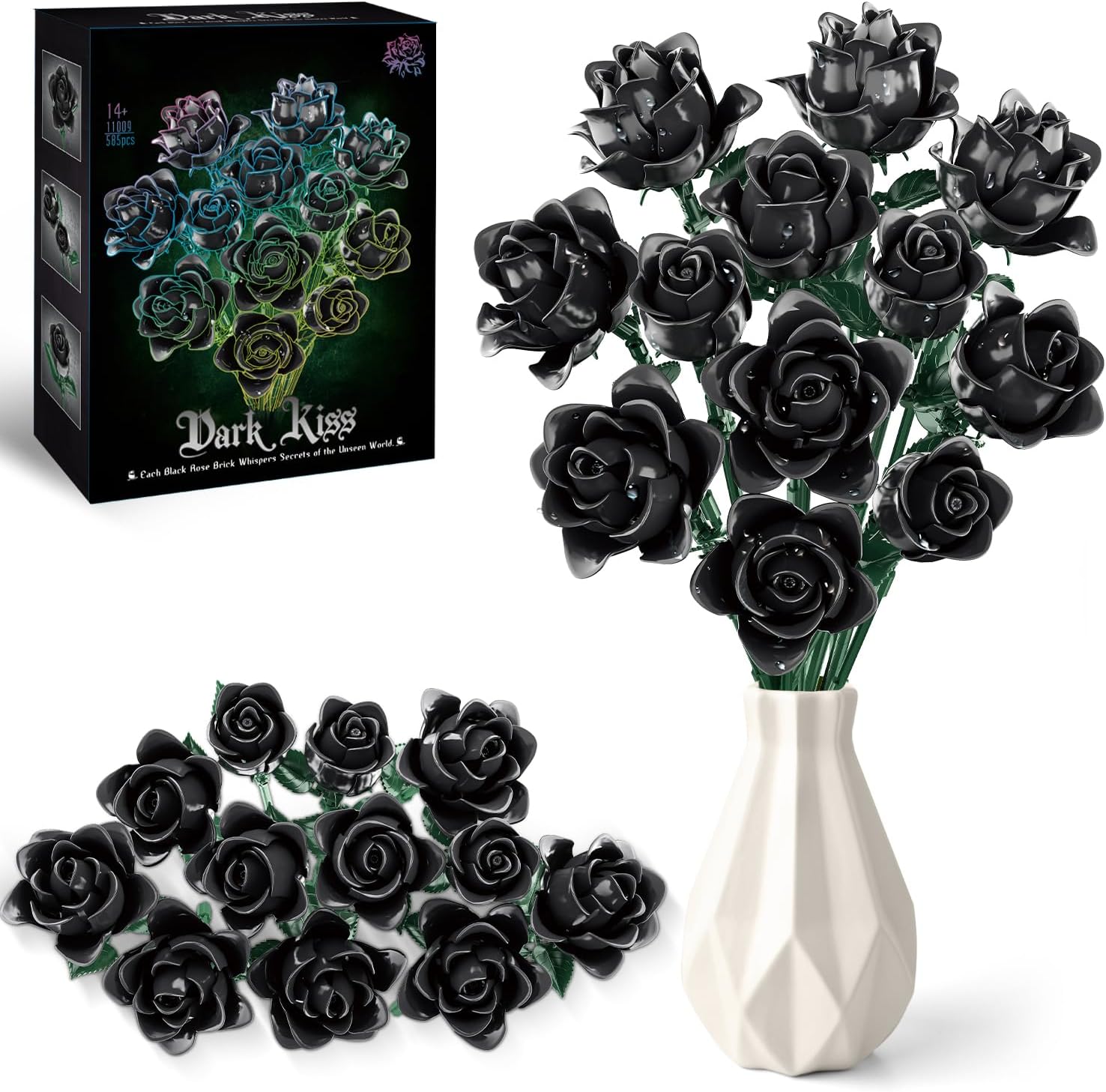 Black Rose Building Blocks Bouquet Kit, Compatible with Lego Flower Botanical Collection Model Set, Romantic Gift for Mother's Day, Valentine's Day, Anniversary & Home Decor, No Vase (585 PCS)