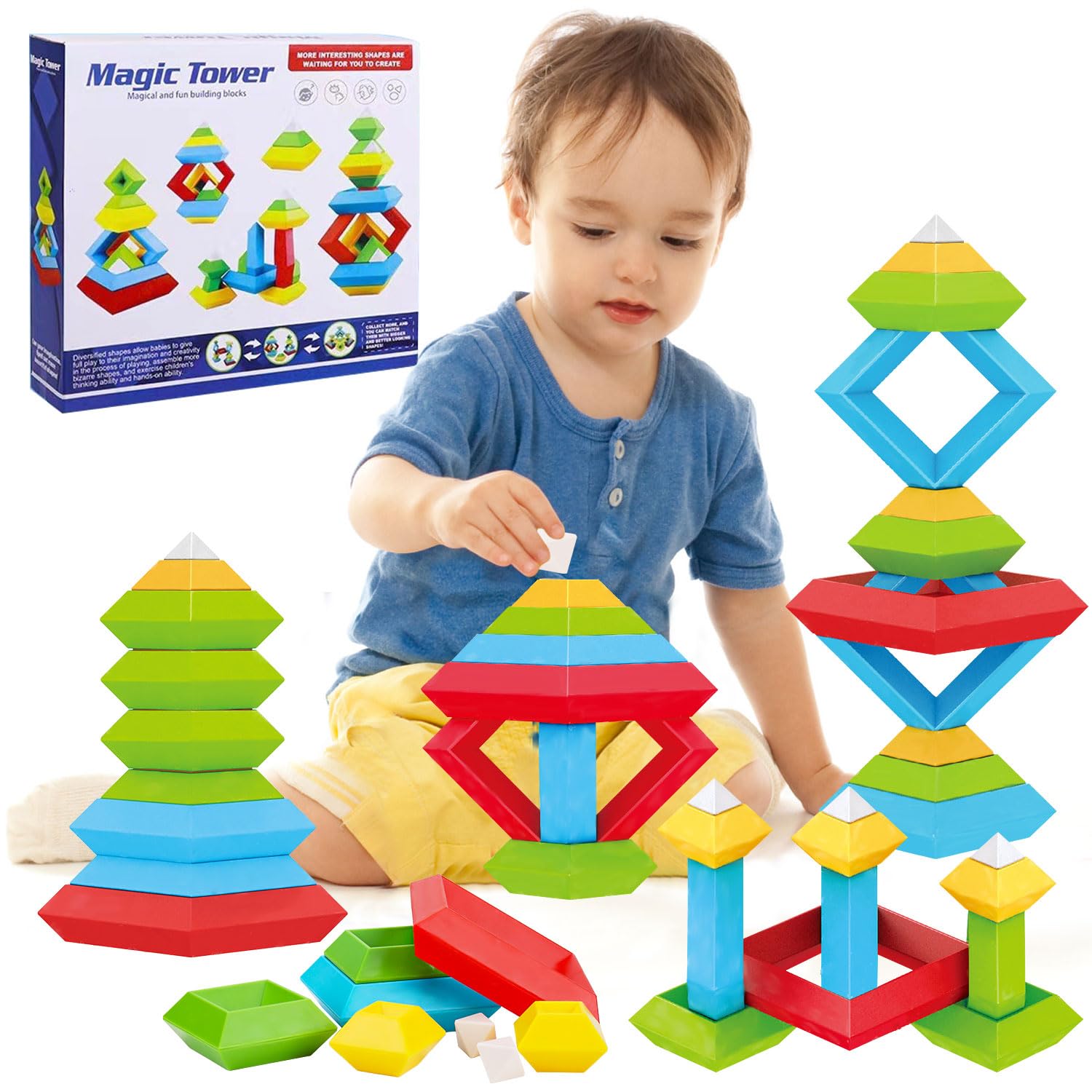 Tsomtto Montessori Toys for 1 2 3 4 5 6 Year Old Boy Girl Toddlers Preschool Learning Activities 30 Pcs Stacking Building Blocks STEM Stackable Educational Sensory for Kids Age 1-3 3-5