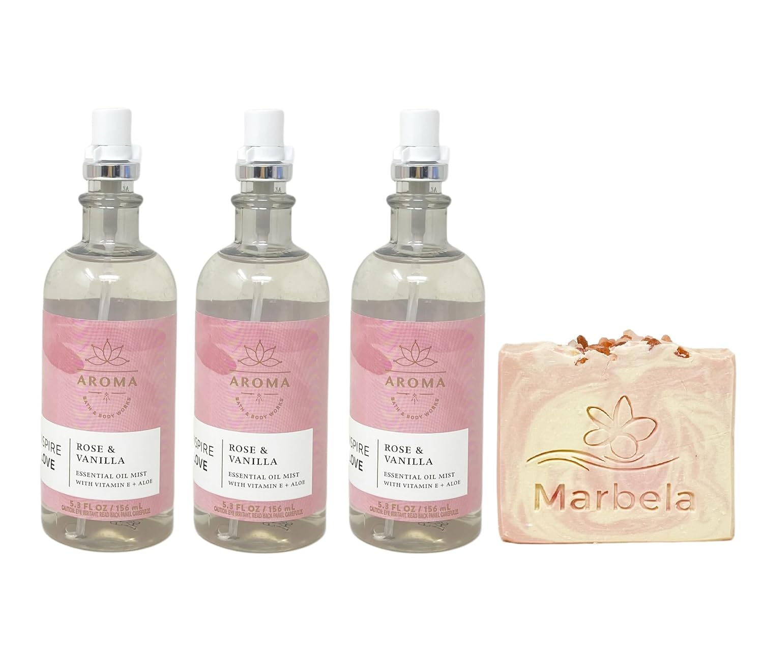Bath & Body Works Aroma Inspire Love ROSE + VANILLA 3 Pack Essential Oil Mist Set with a Himalayan Salts Springs Bar Soap - Full Size