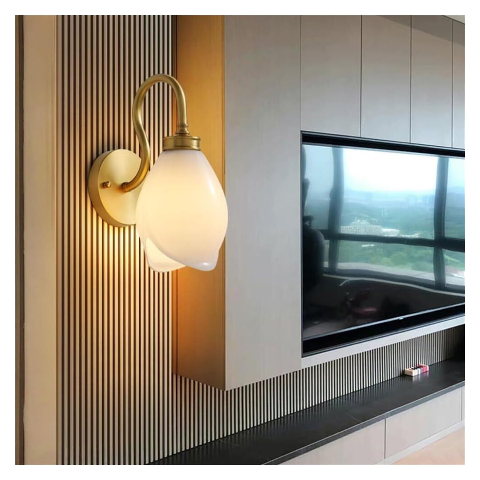 UDPOIUYT Wall Lights Indoor, Nordic Mid Century Brass Wall Sconce Milk White Floral Bedroom Living Room Hallway