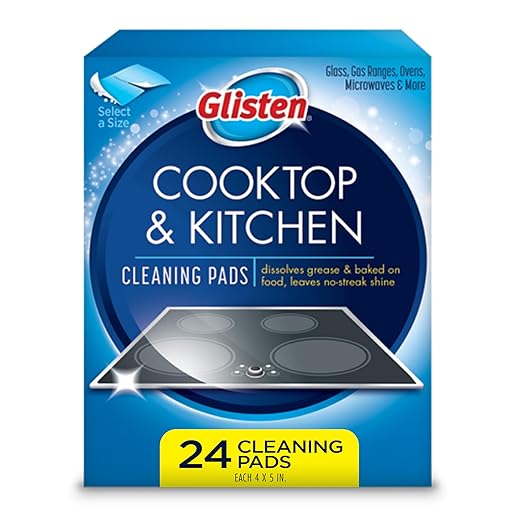 Glisten Cooktop and Kitchen Cleaning Pads for Glass, Gas Ranges, Ovens, Microwaves, and More, Dissolves Grease and Baked on Foods, Lemon Scent, 24 Large Pads or 48 Small Pads