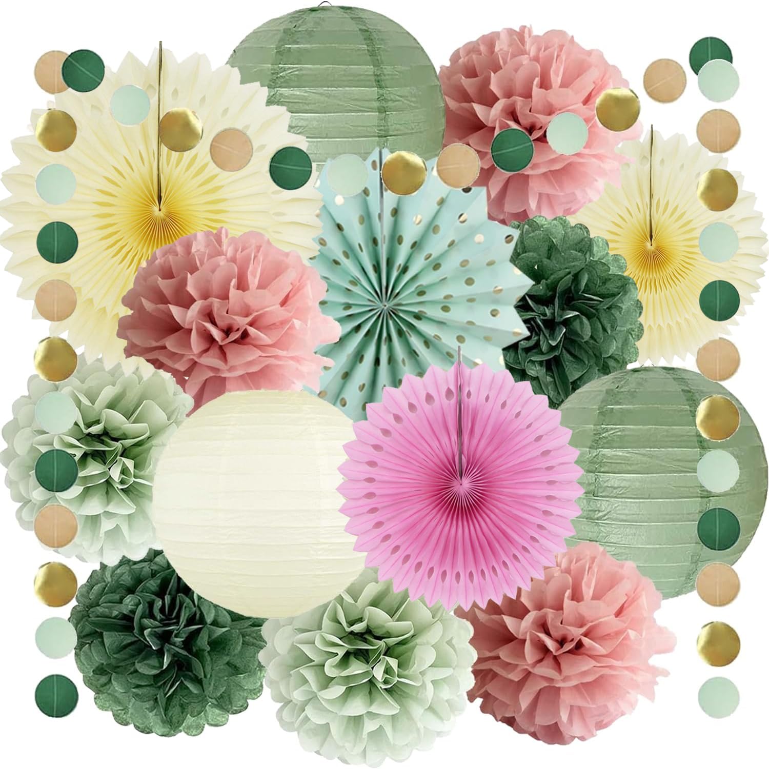 Sage Green Dusty Pink Tissue Paper Pom Poms Decorations Green & Pink Sage Tissue Pom Poms Paper Lanterns Beige Paper Fans for Women Girls Birthday Engagement Wedding Baby Shower Party Décor
