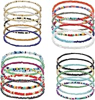 Yfstyle 24PCS Boho Beaded Anklets for Women - Handmade Colorful Elastic Ankle Bracelets, Adjustable African Beach Boho Style