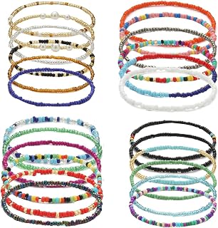 Yfstyle 24PCS Boho Beaded Anklets for Women - Handmade Colorful Elastic Ankle Bracelets, Adjustable African Beach Boho Style