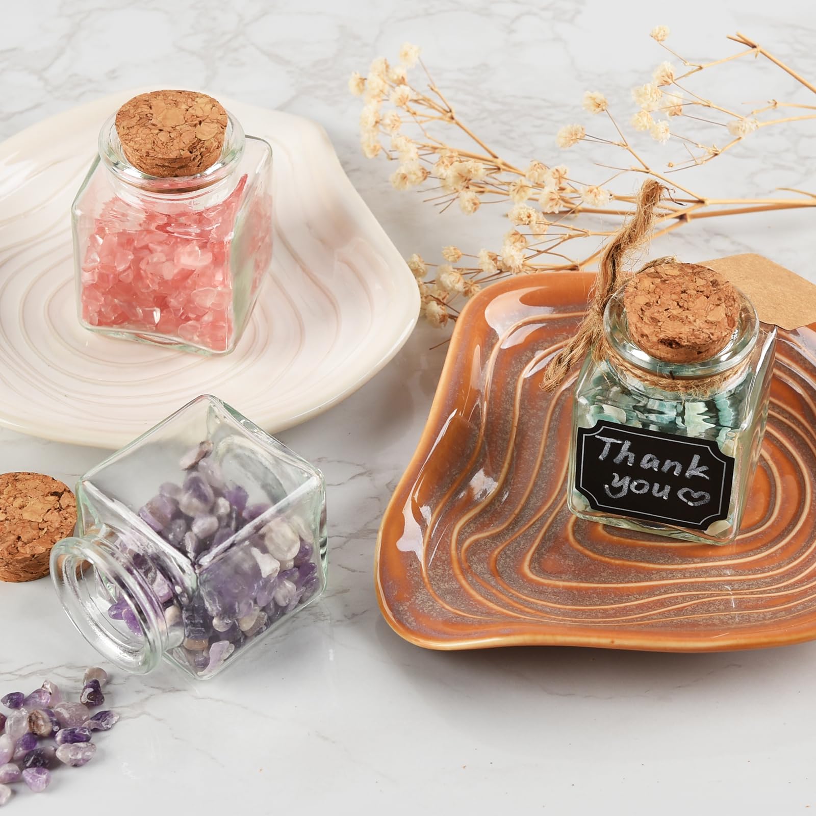 20 Stück Mini Glasflaschen mit Korken - 50ml, Reagenzglas mit Korken, Quadratisch Kleine Glasflaschen zum Befüllen mit Etiketten und Schnur, für Hochzeitsgeschenke, Party, Taufe, Candy Bar