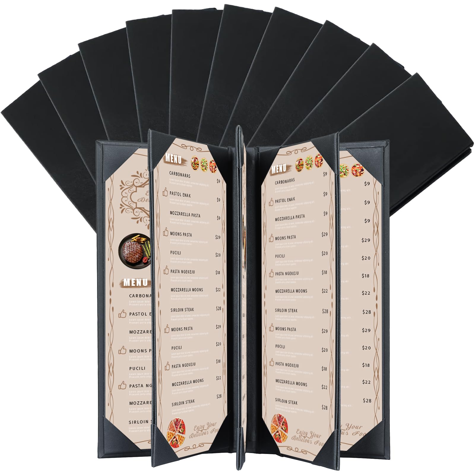 Restaurant Menu Covers Holders 4.25" x 11" | Synthetic Leather Menu Holder Black for Wine List, Drinks, Commercial Menu Holder (10, Five Fold Panels 8 View (4.25 x 11 inch))