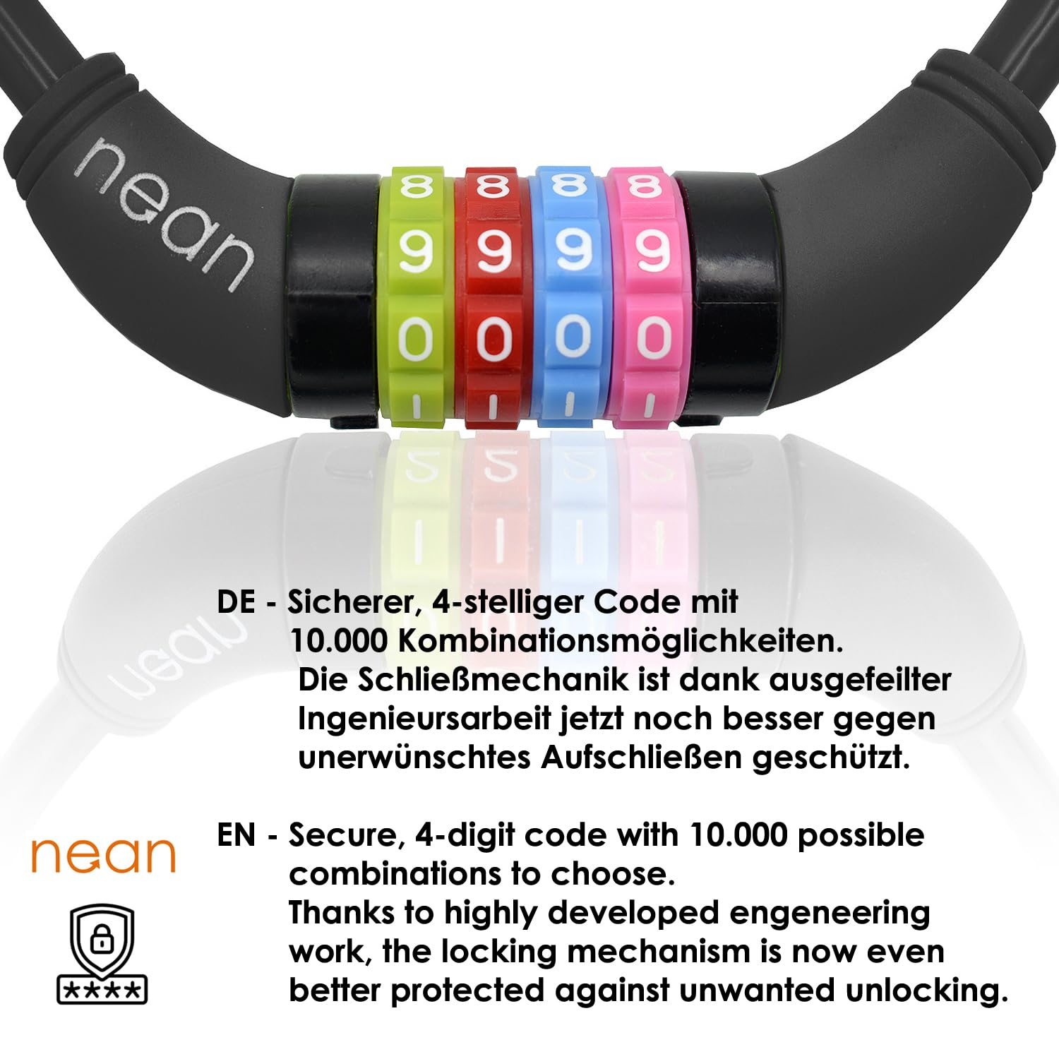 nean Candado de bicicleta infantil, con código de combinación de números, multicolor, 10 x 650 mm (negro)