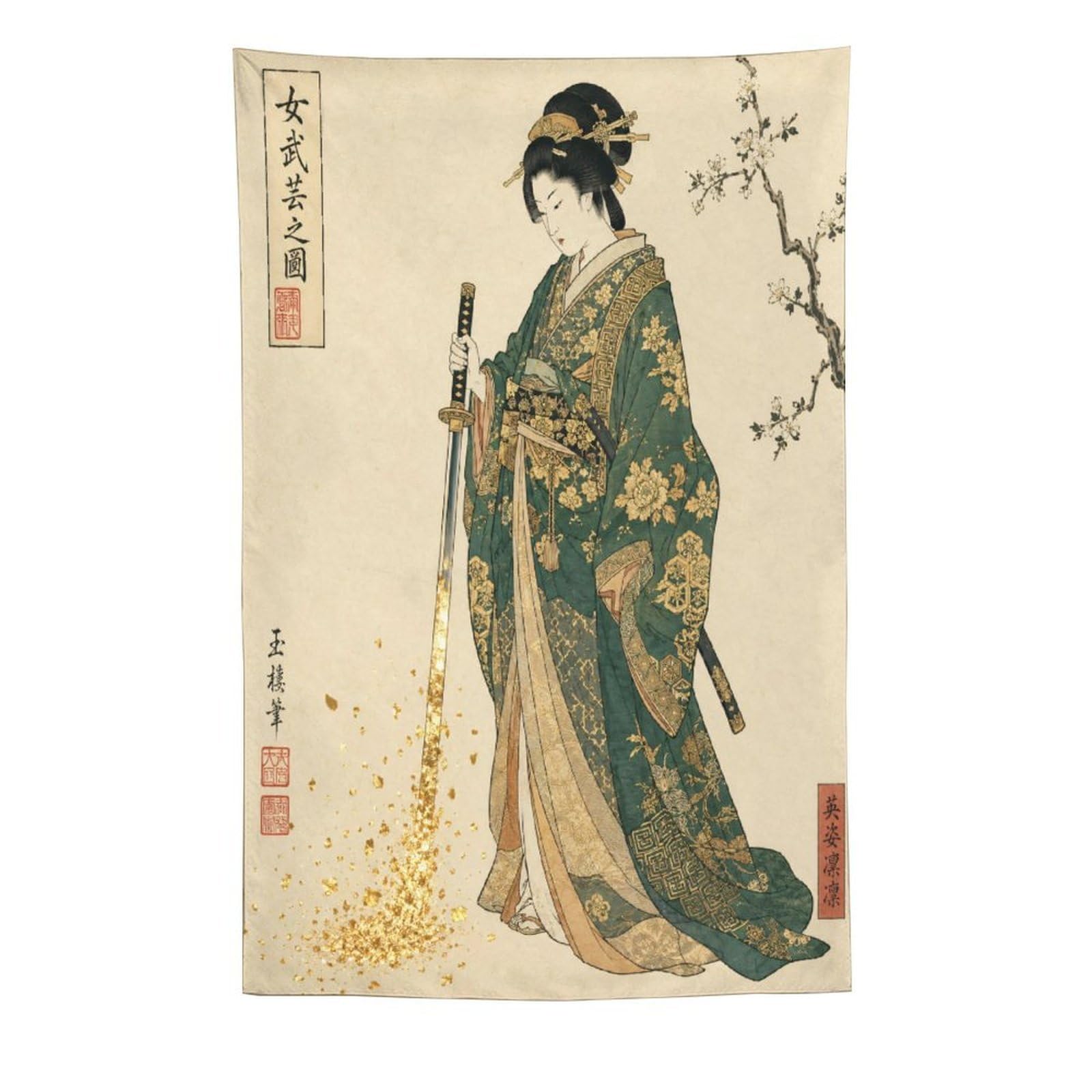 H3B8U2Y5 Japanese Woman with Sword Wall Tapestry, Ukiyo-e, Room Divider