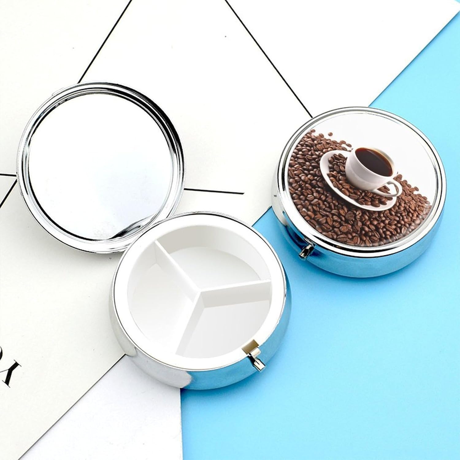 Round Silver Pill Box Small Pill Case for Purse and Pocket 3 Compartment