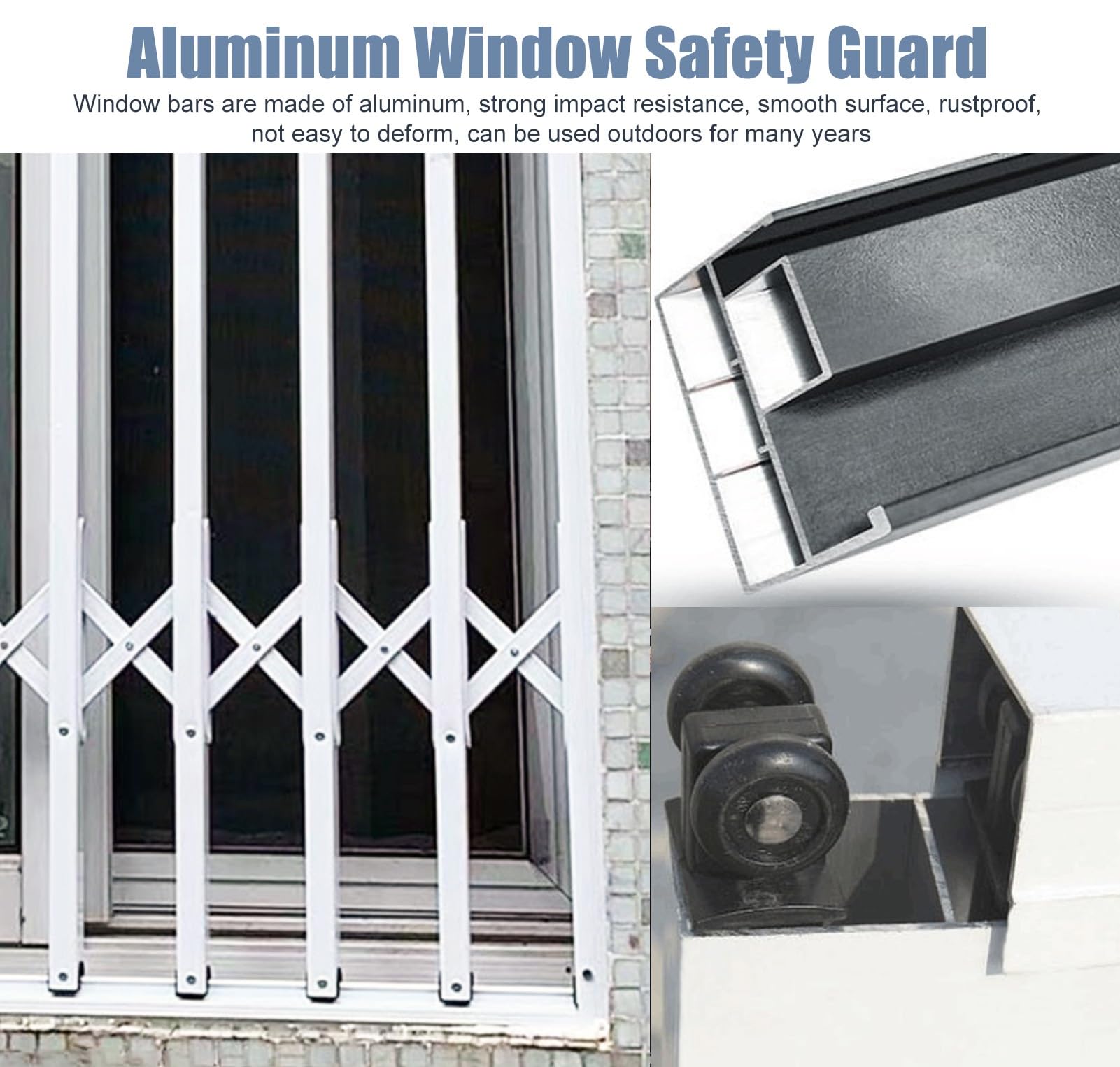 Barras de seguridad para ventana con bloqueo de aluminio para uso en interiores y exteriores, guías de seguridad para niños y mascotas, para máxima seguridad
