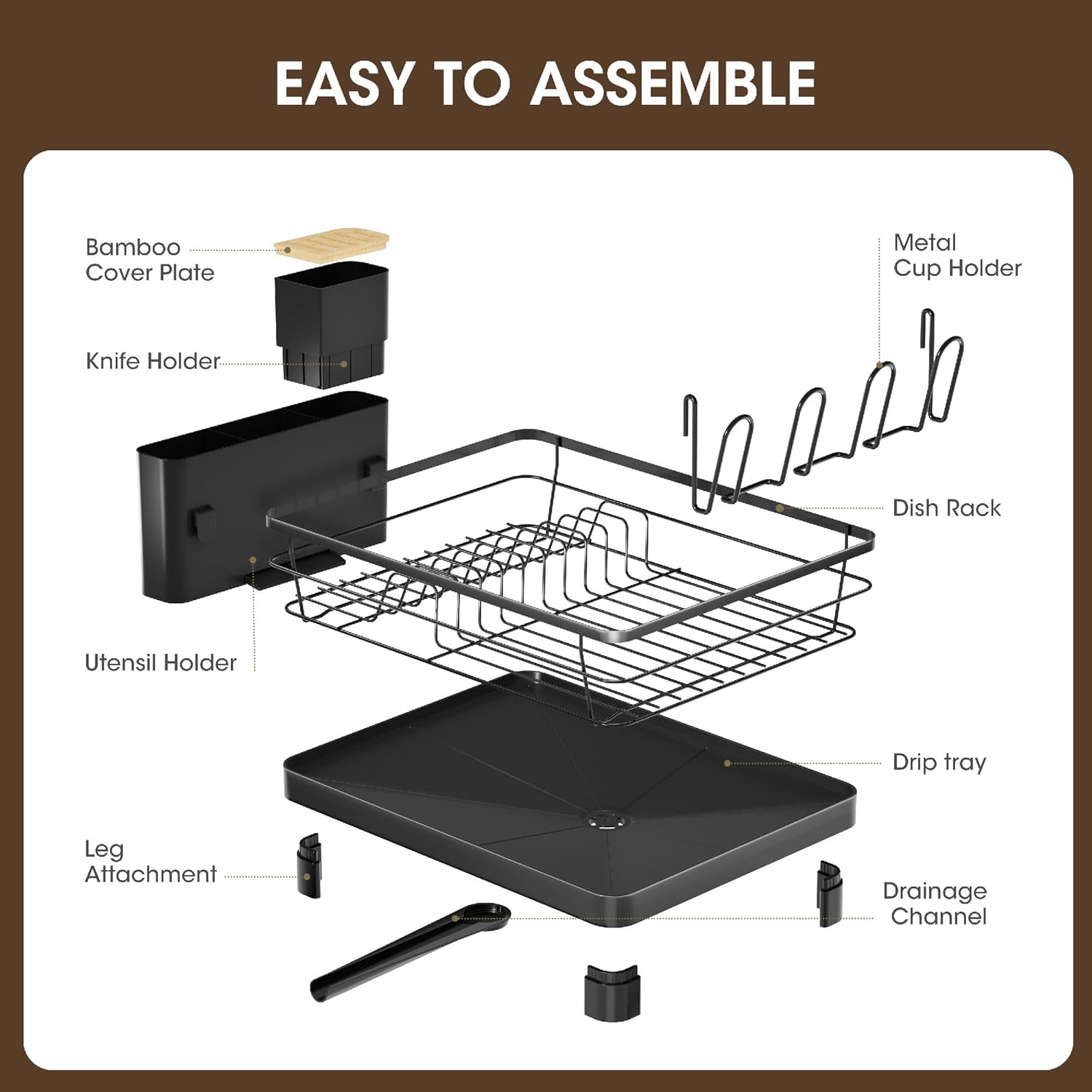 Runnatal Dish Drying Rack, Stainless Steel Dish Rack with Drainboard for Kitchen Counter and Sink, Large Capacity Dish Drainer, Detachable 2-in-1 Utensil Holder, Cup Holder, Black