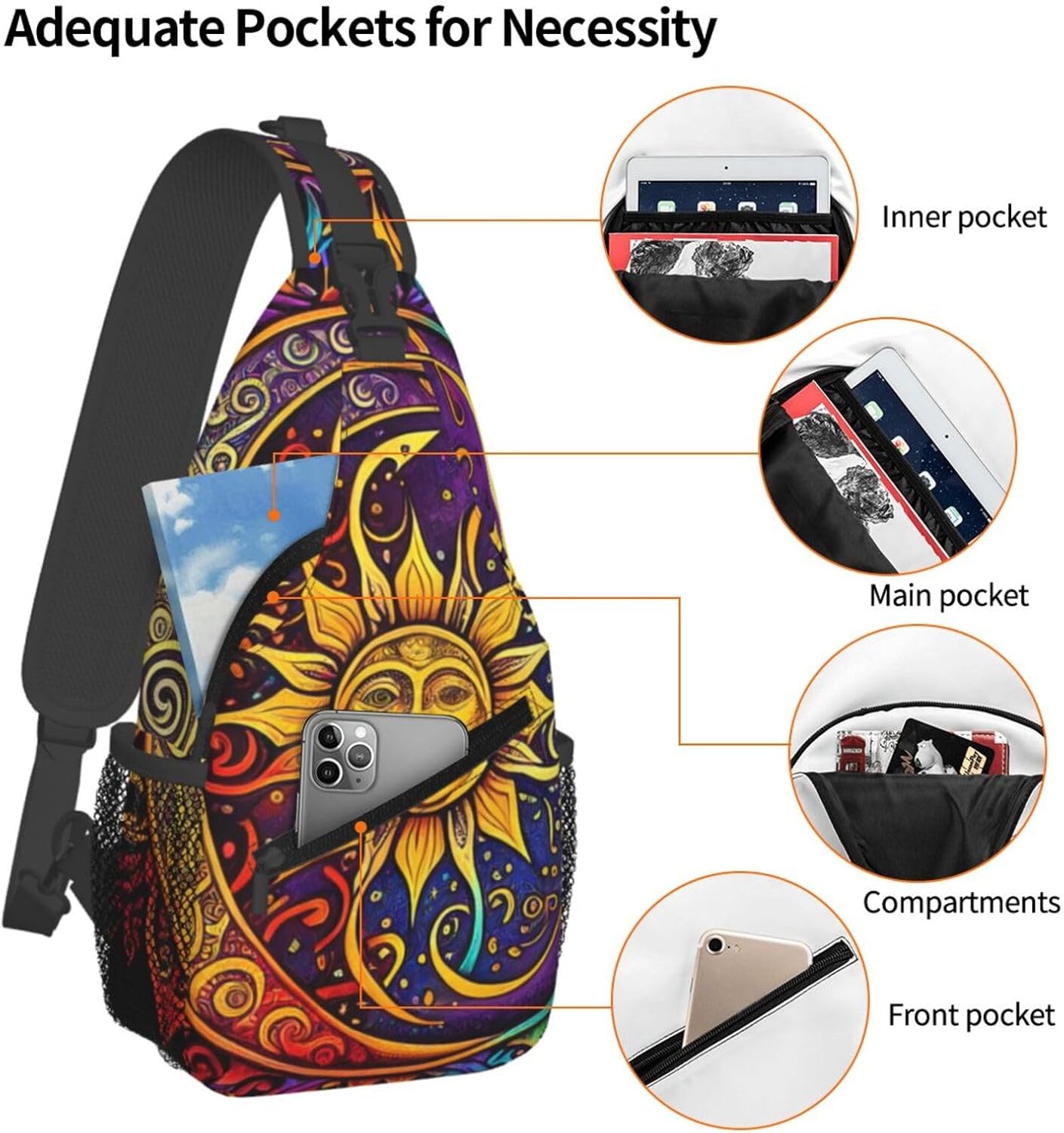 Sun With Moon Crossbody Chest Bags for Women, Small Crossbody Shoulder Bag Sling Bag Travel Hiking Daypack