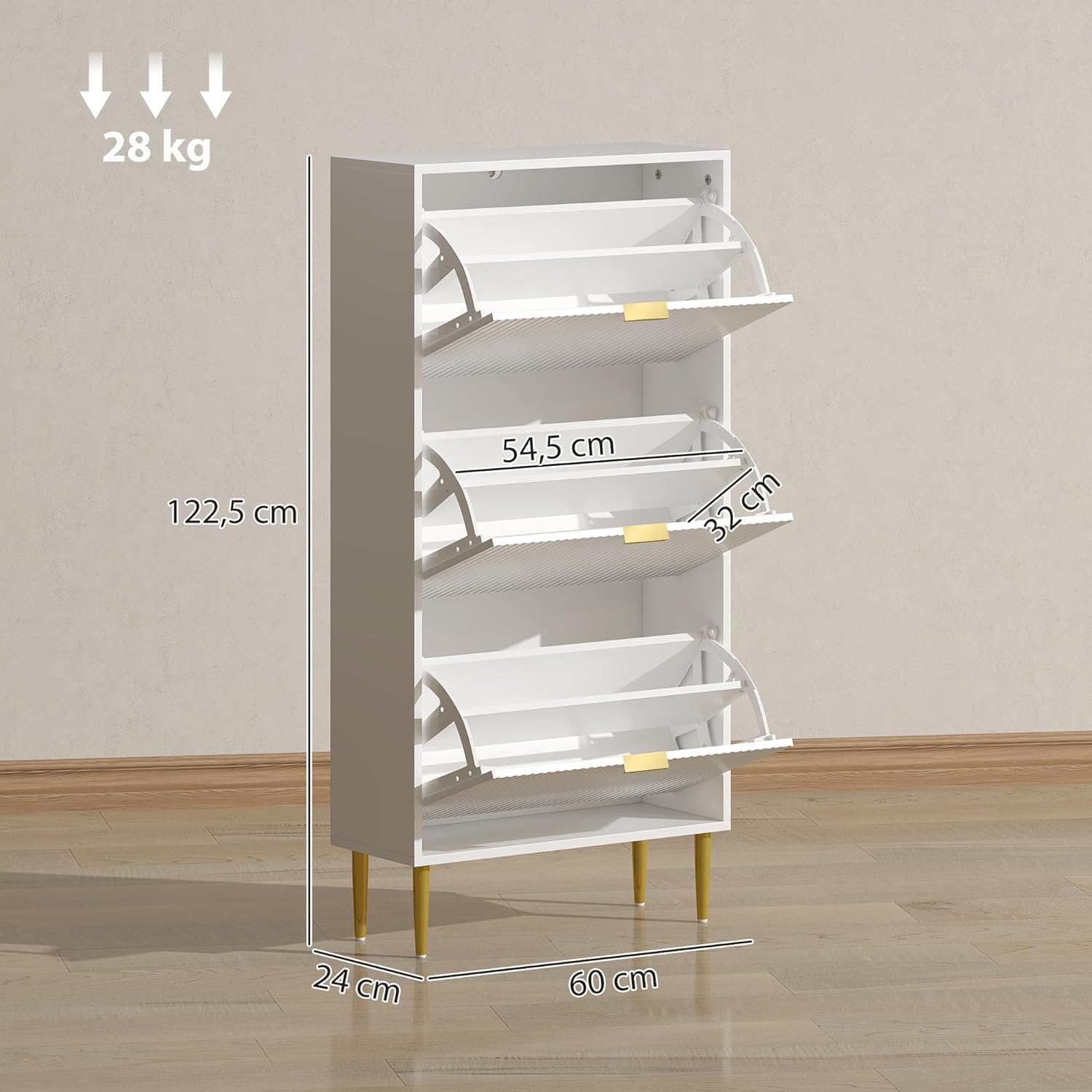 Diagram showing dimensions of the HOMCOM shoe cabinet