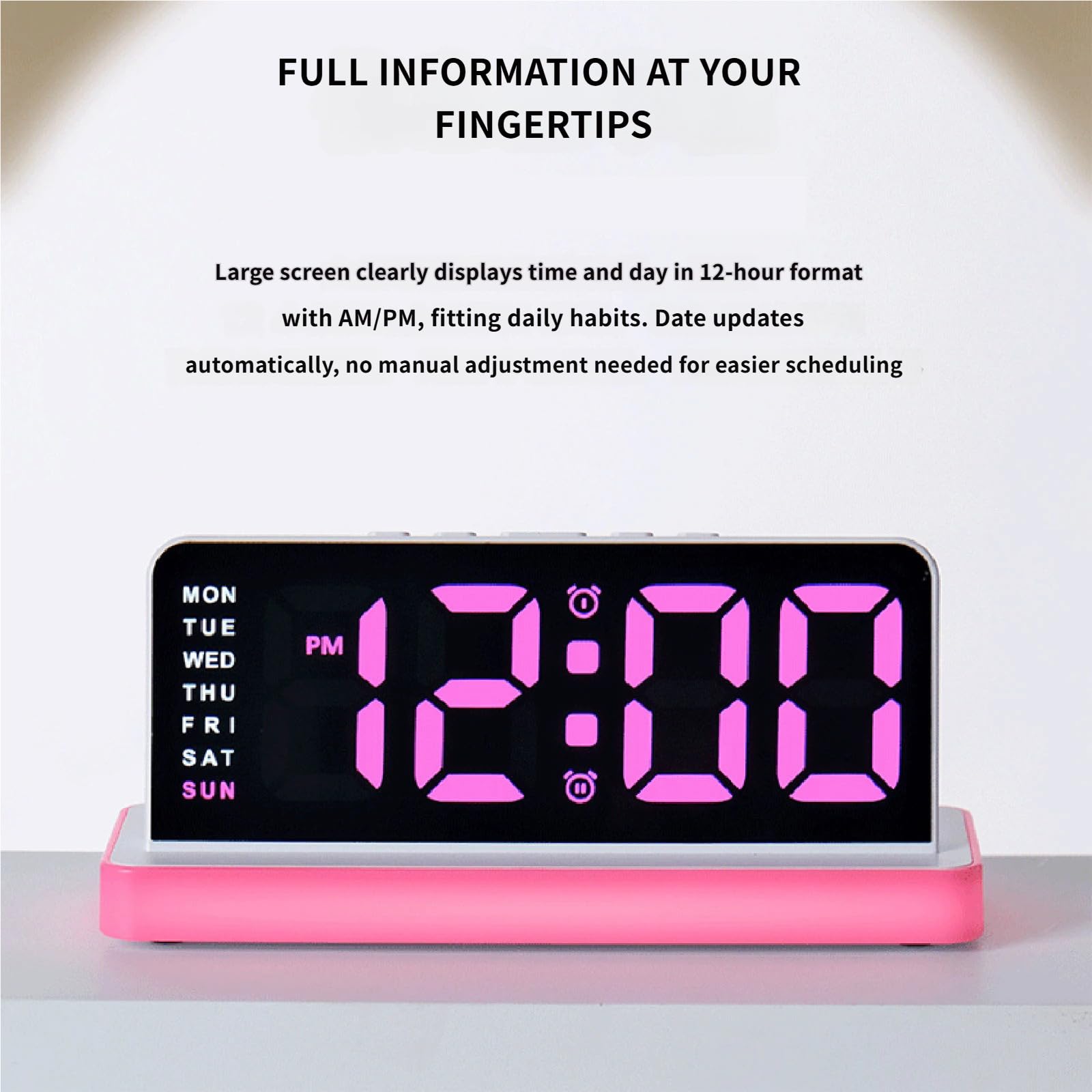 Reloj despertador compacto para escritorio de dormitorio, reloj LED digital con botón fácil con pantalla y luz nocturna para uso doméstico, alarma, luz nocturna LED, pantalla de día laborable,