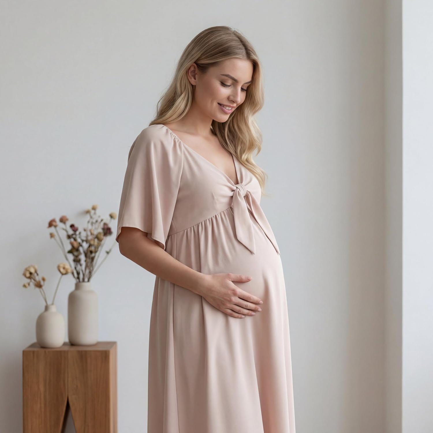 Cichic Bow Flutter Sleeve Solid V-Neck Flowy Vacation Beach Cute Baby Shower Photoshoot Maternity Maxi Dress