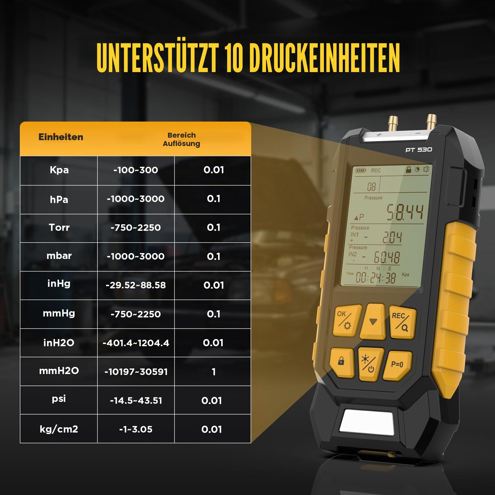 PT530 Differenzdruckmesser, zur Messung von Druckdifferenzen mit einem Messbereich von -100 bis 300 kPa, anwendbar in verschiedenen Szenarien von HVAC-Systemen und 11 wählbaren Einheiten