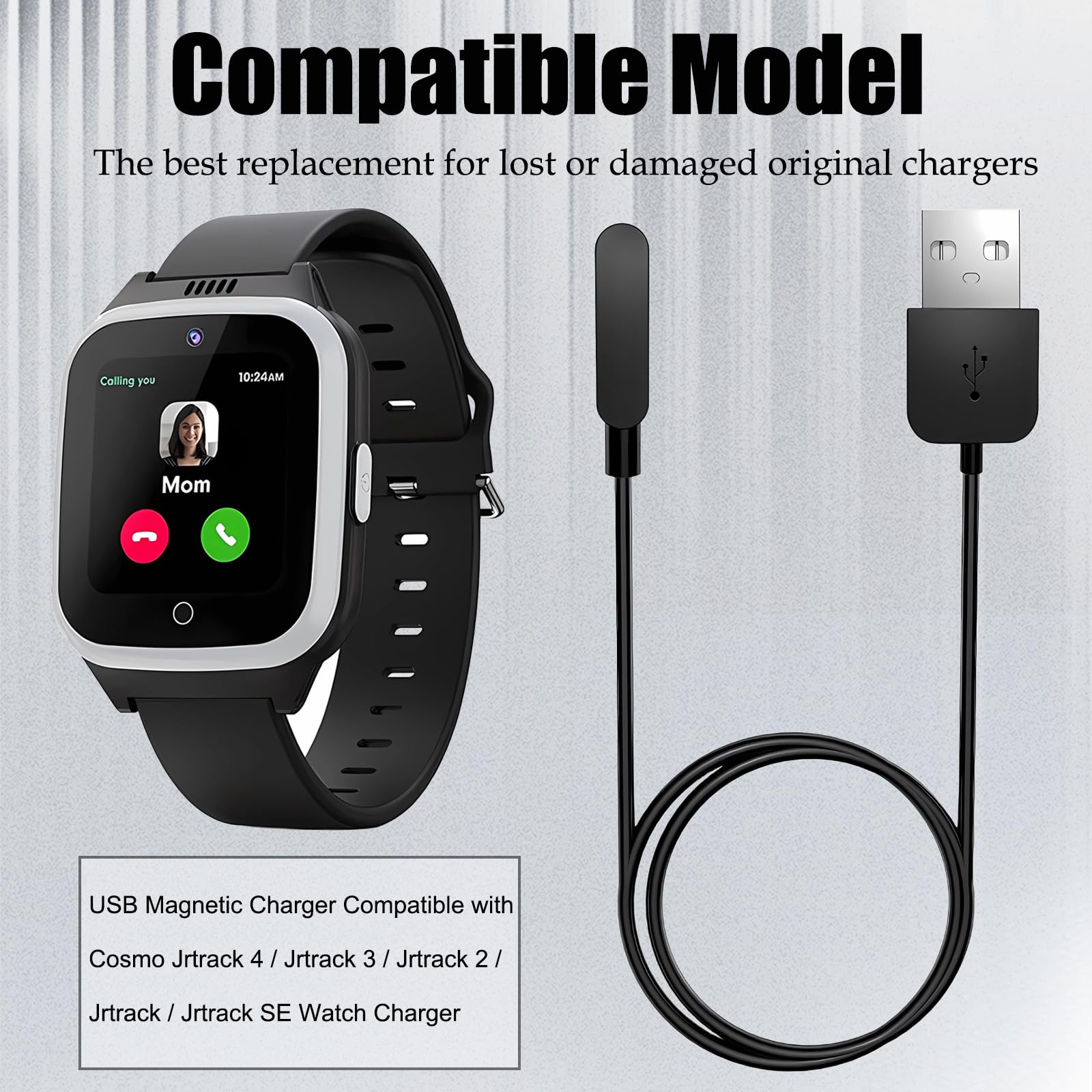Caricabatterie magnetico per smart watch, compatibile con Cosmo Jrtrack 4/Jrtrack 3/Jrtrack 2/Jrtrack/Jrtrack SE, caricabatterie magnetico portatile di ricambio USB (nero, 2 pezzi)