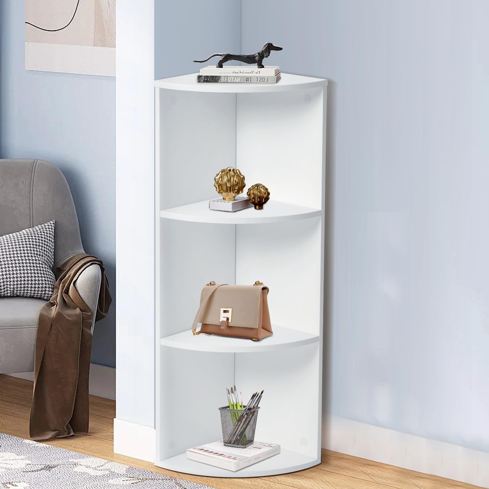 Étagère d'angle à 3 Niveaux, Bibliothèque en Bois, Meuble de Rangement, pour Cuisine, Chambre, Salon, Bureau, Blanc, 24 x 24 x 78 cm | Bibliothèque en bois, meuble de rangement multifonction, blanc, idéal pour cuisine, chambre, salon, bureau