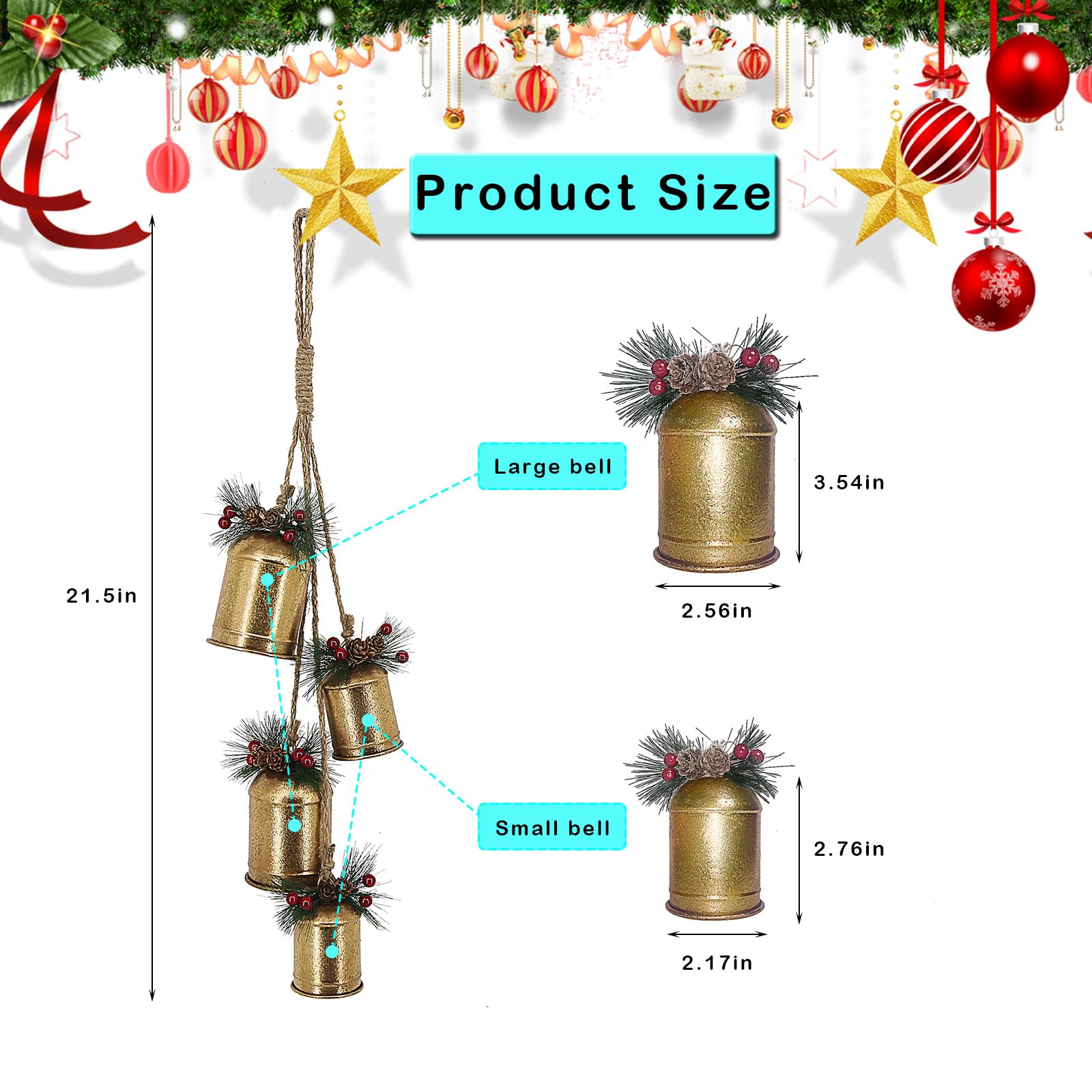 MINHOU-MINFEI Christmas Bells Decor, Hanging 4 Gold Bells Ornaments for Tree, Wreath, Door, Mantel