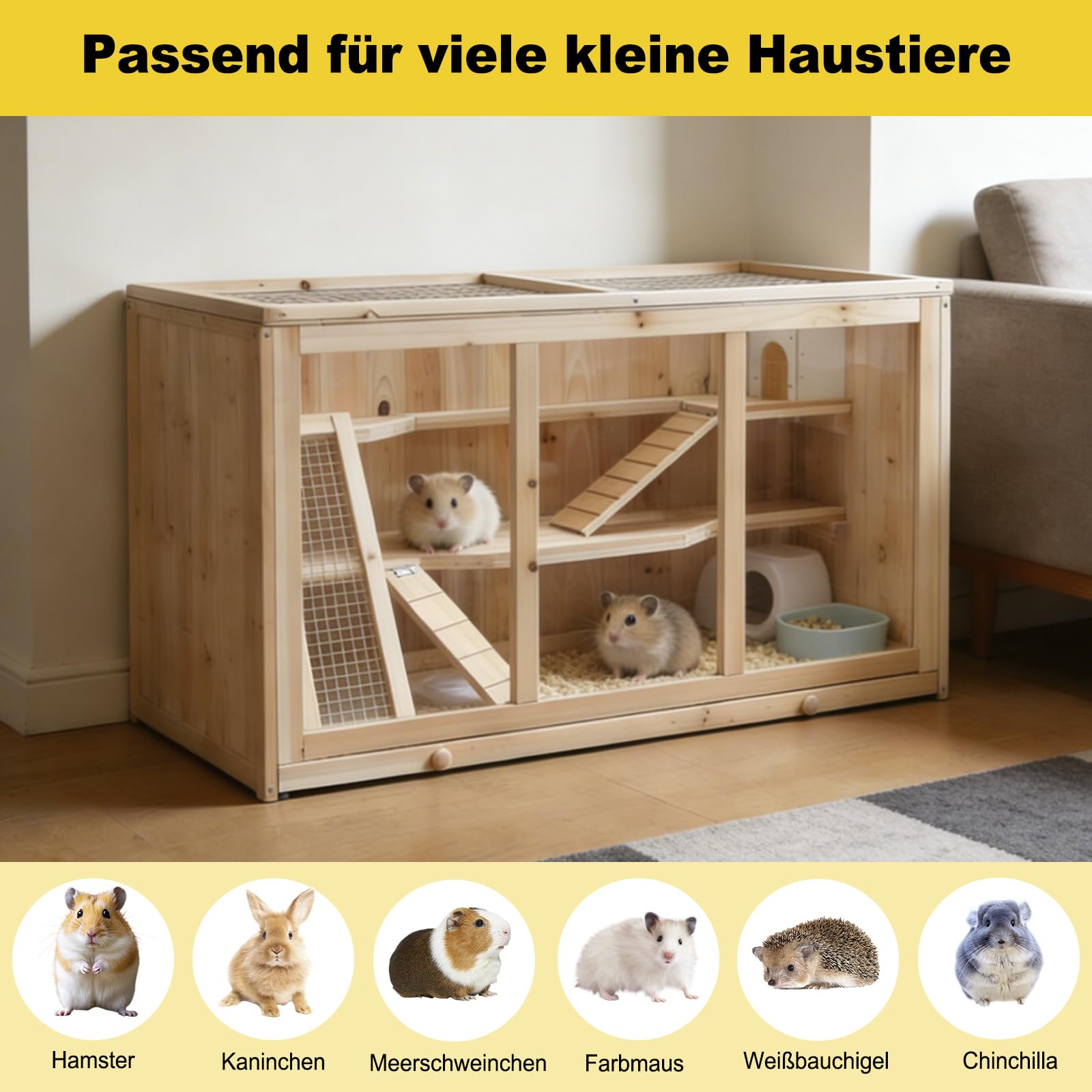 Hamsterkäfig aus Tannenholz, 94,5 x 48,5 x 49,5 cm, mit Plattformen, Leiter und Hütte