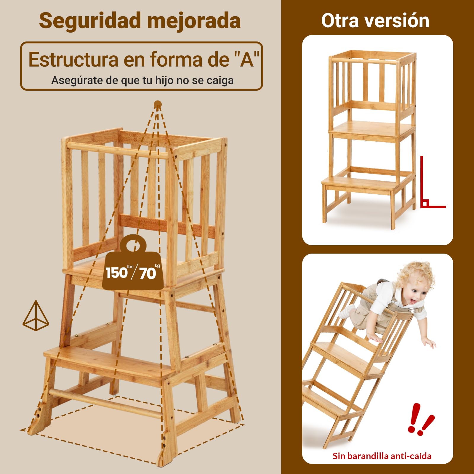 COSYLAND Torre de Aprendizaje Desde 18 Meses - Torre Aprendizaje para Niños - Protección Antivuelco y Barra de Seguridad - para Baño, Habitación Infantil y Cocina - Color Bambú