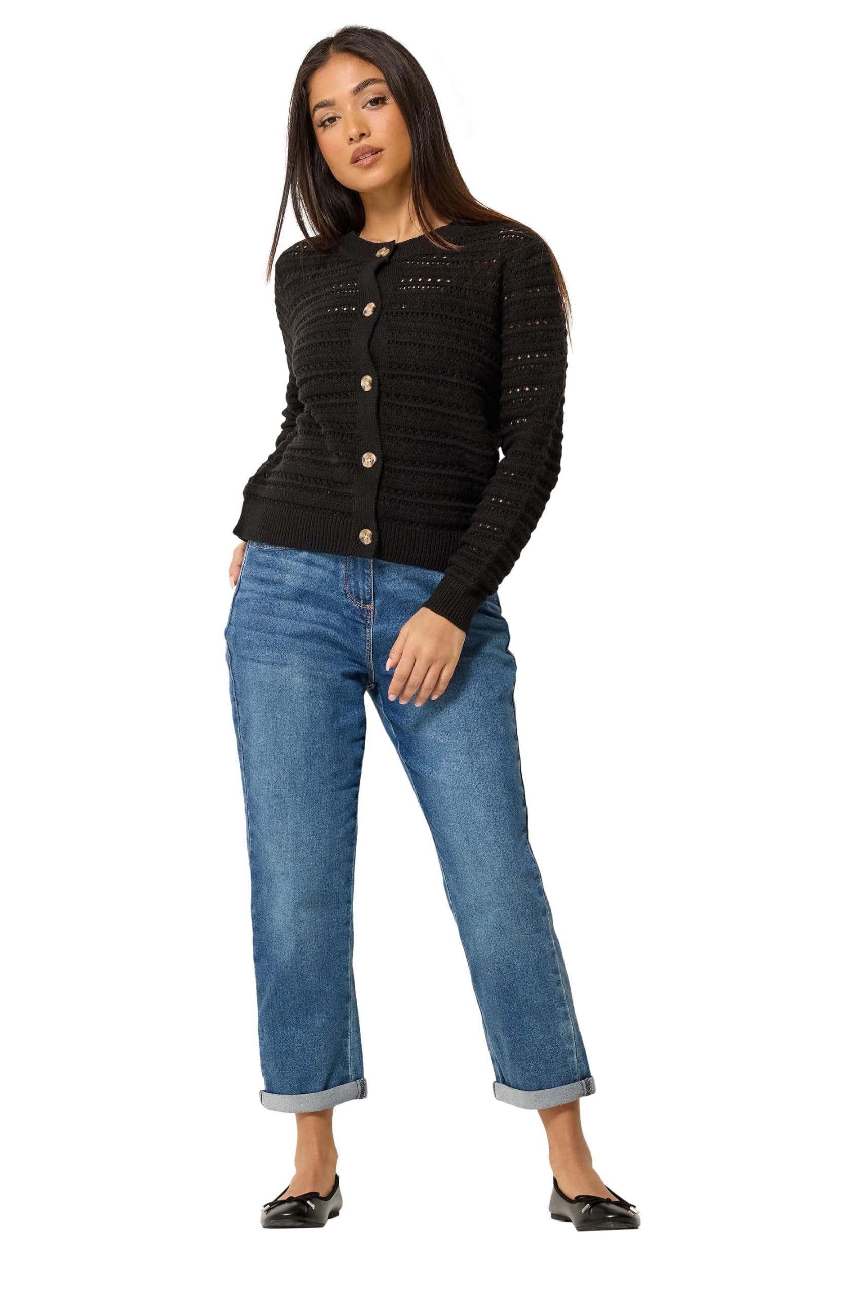 M&Co Women's Black Petite Crochet Cardigan Sweater In | : 8/10