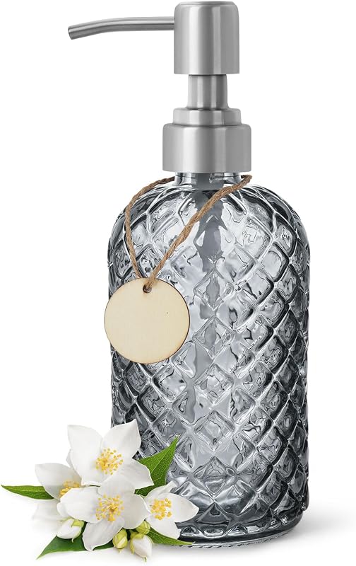 Frasco de Vidro Topsky com Padrão Gem e Bomba de Aço Inoxidável para Sabonete Líquido, Cinza, 400 mL