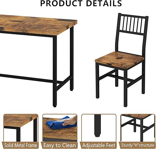 Miniatura 7 de AWQM Juego de mesa de comedor de 5 piezas, mesa de comedor industrial y sillas para 4, marco de metal con parte superior de madera, juego de mesa de