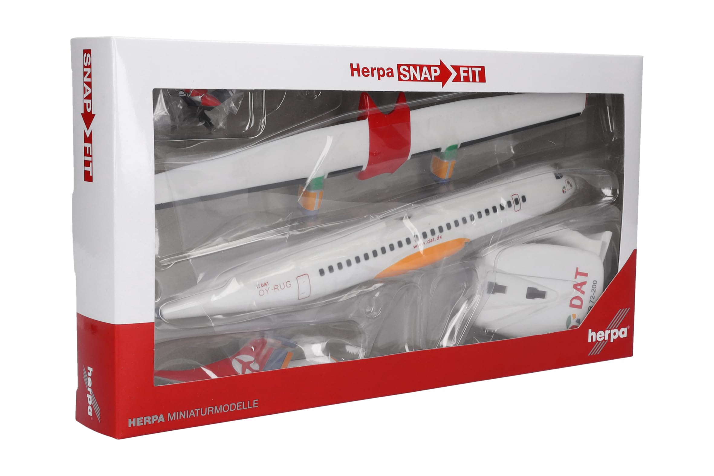Herpa Snap-Fit modèle Avion DAT ATR-72-200, Miniature à l’échelle 1:100, pièce de Collection, modèle avec Socle, Plastique