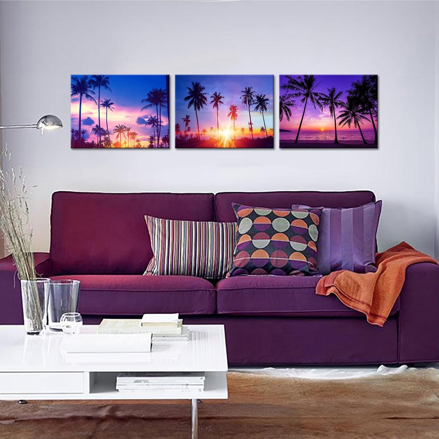 OuElegent 3 Panels Palm Trees Canvas Wall Art Purple Beach Pictures Sunset on Ocean Beach Nature Prints Artwork for Home Office Wall Decor Framed Ready to Hang