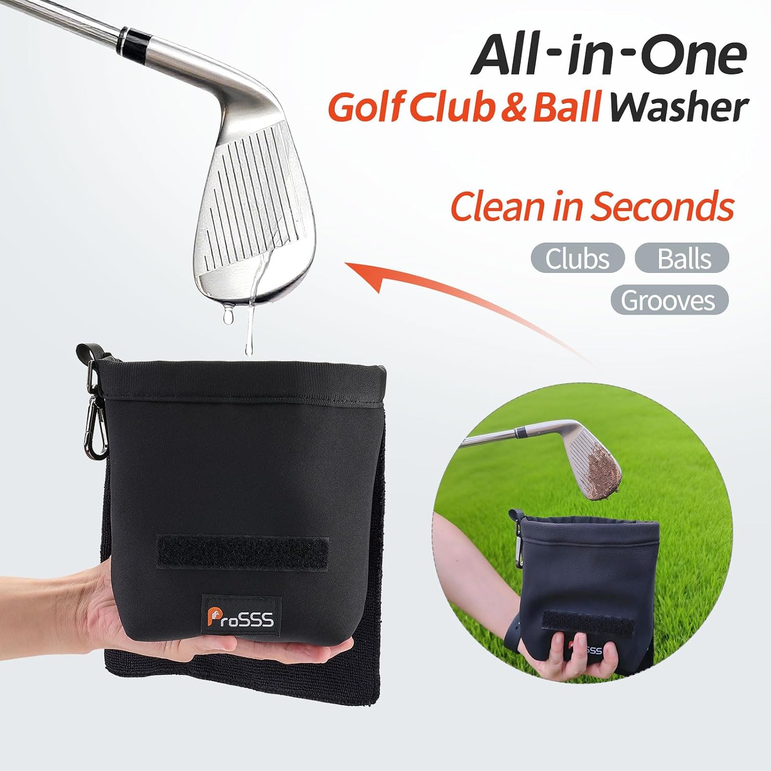 Golf Club & Ball Cleaning Bag with Hoop and Loop-Fold Microfiber Towel – Dual-Layer Waterproof Cleaner Pouch for Clubs, Balls & Grooves, Leak-Proof Golf Accessory & Ideal Gift for Golfers