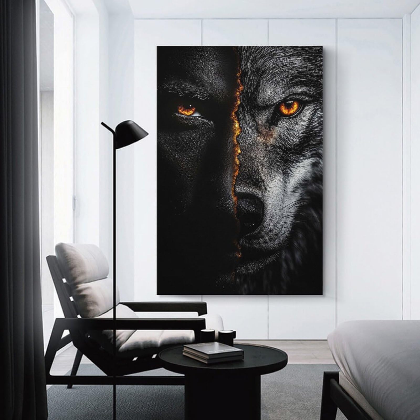 Junmoney Wall Picture Print Half Wolf Half Human, 20x30inch(50x75cm), for Hallway, Bedroom Or Modern Interiors, Thoughtful Wall Decor for Art Lovers