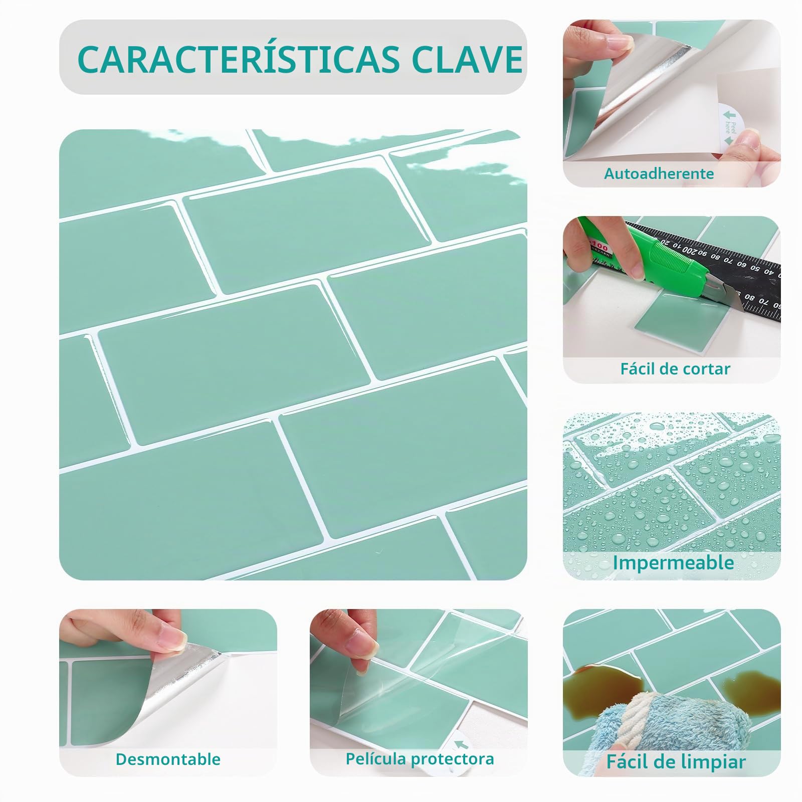 VEELIKE Azulejos Adhesivos 3D Para Baño Y Cocina Baldosas Adhesivas Pared Cocina Rectángulos Verde Menta Vinilos Para Pared Pegatinas De Baldosas 30.5cm×30.5cm 24 Piezas