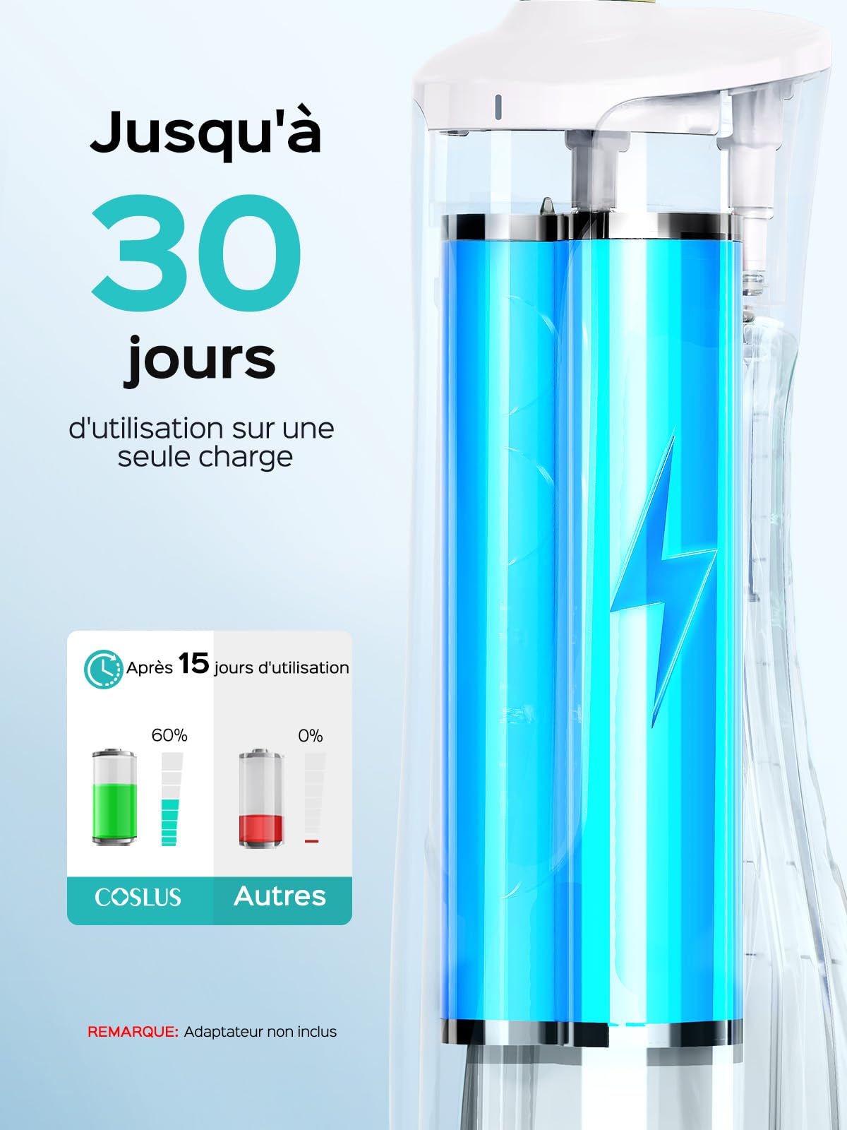 COSLUS Hydropulseur jet Dentaire Portable Dentaire Irrigateur Oral, 300 ML Sans Fil Hydropulseur 10 niveaux de contrôle doux, Rechargeable et Étanche IPX7 Vainqueur du Test, Blanc