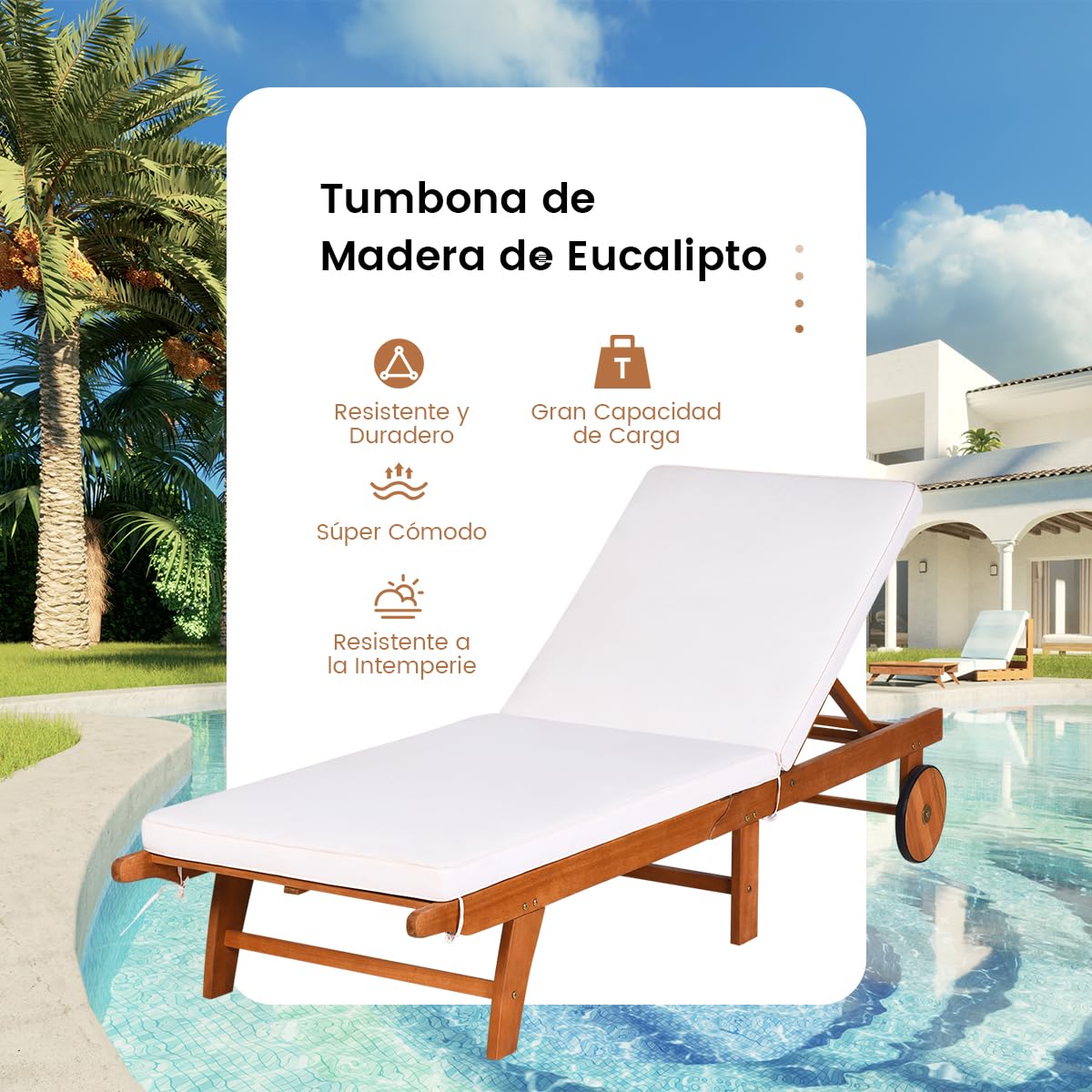 RELAX4LIFE Tumbona Plegable de Madera Eucalipto con 2 Ruedas y Respaldo Ajustable en 6 Alturas, Tumbona Jardín con Cojín Extraíble para Balcón y Terraza, Carga 160kg, 195x68x30-90cm, Beige (2 Piezas)
