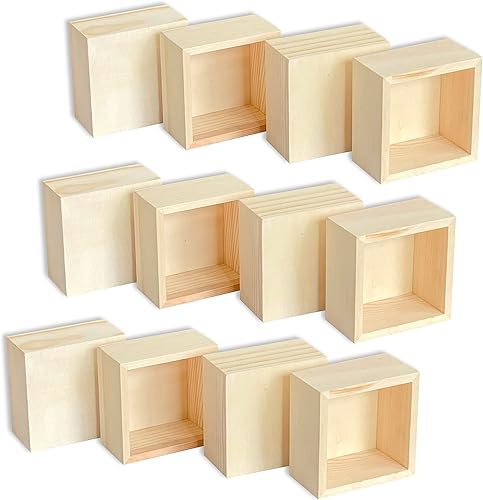 Paquete de 12 cajas cuadradas de madera sin terminar pequeñas cajas de madera para manualidades (exterior 3.7 x 3.7 x 2 pulgadas, interior 3.2 x 3.2