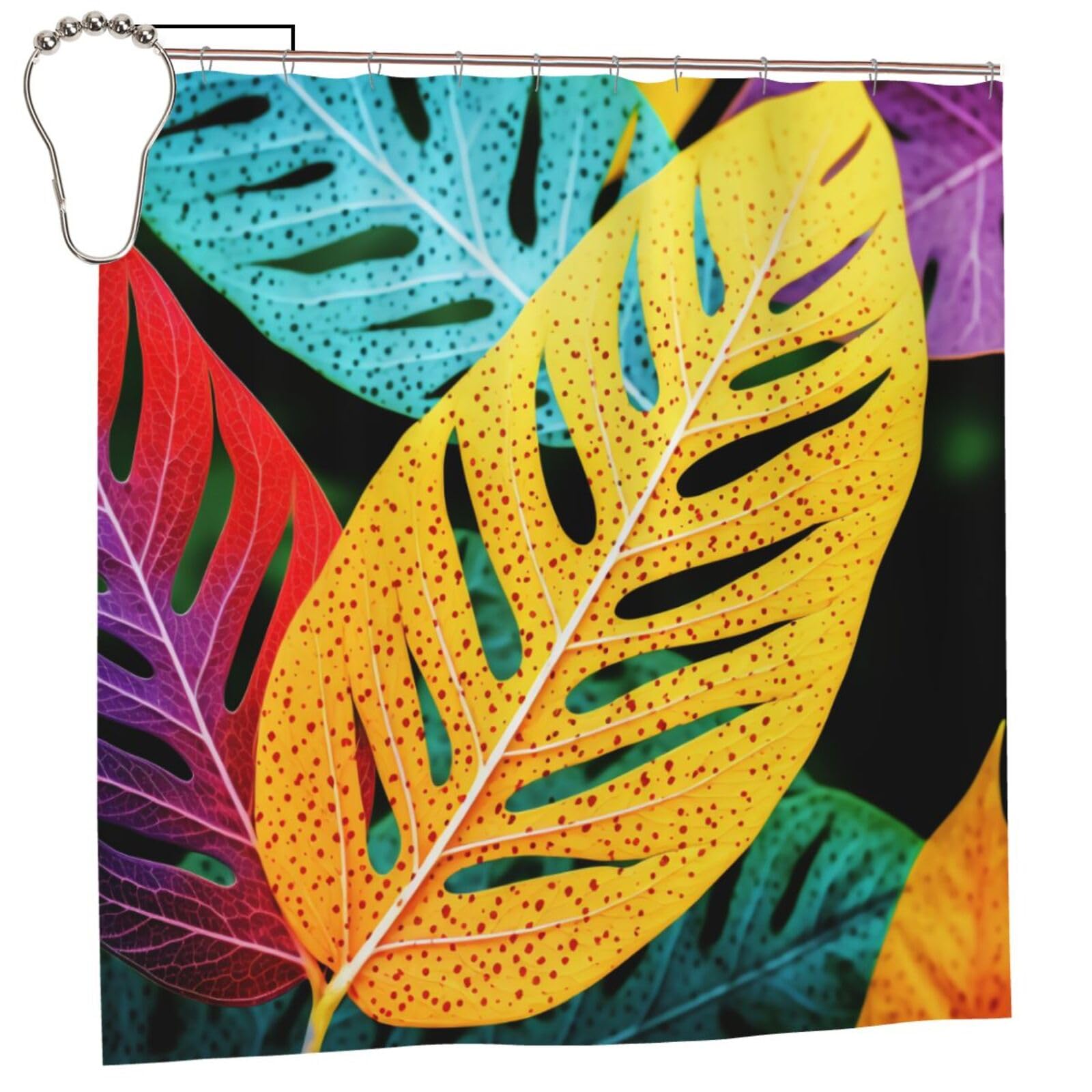 BWWHCCTI Colorful Leaf Printed Shower Curtain With 12 Iron Hooks Opaque Quick Drying Waterproof Shower Curtains Sets For Bathroom 183x183 CM