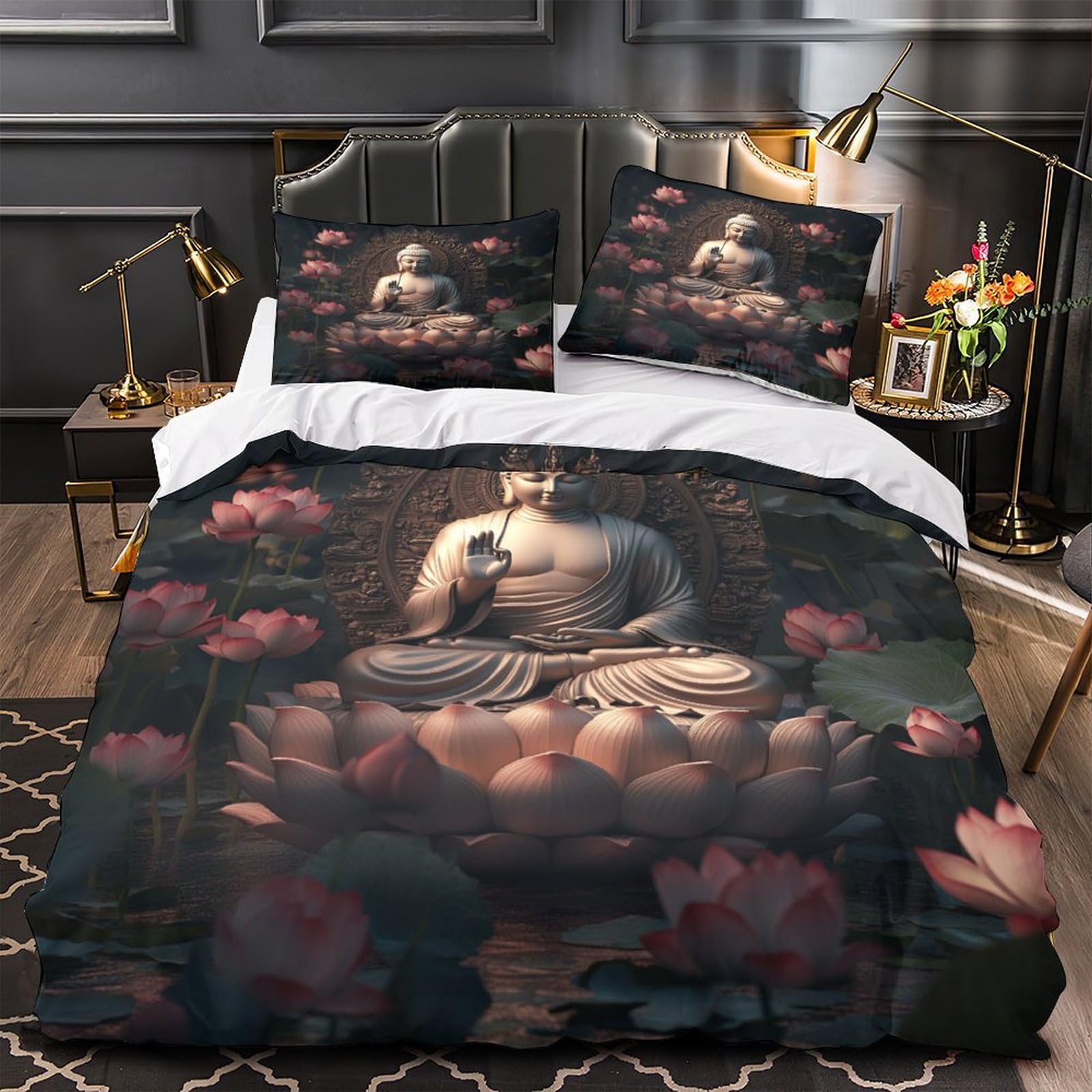 Housse de couette Bouddha 3D 260x220 cm avec taies d'oreiller en microfibre