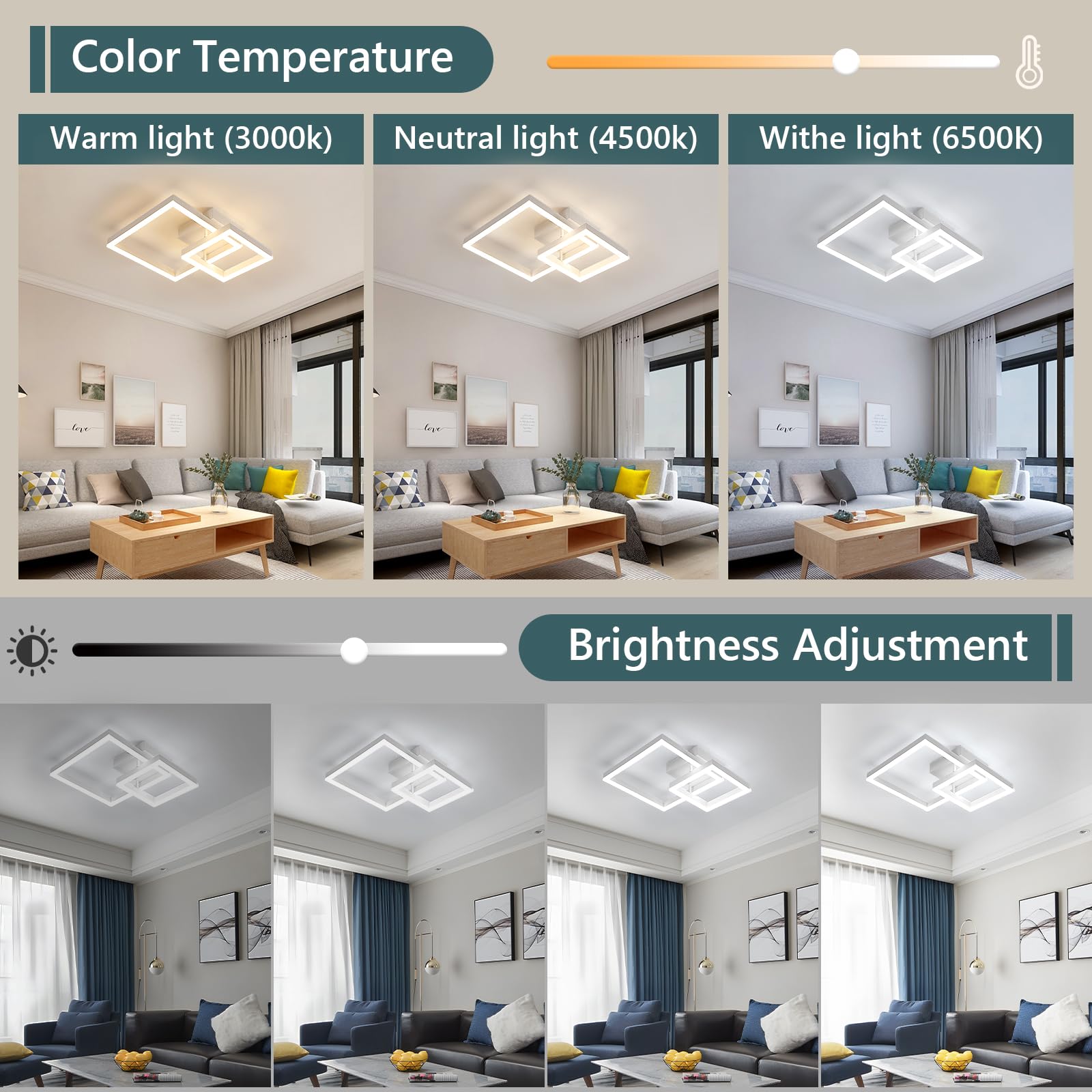 Plafoniera LED Soffitto Dimmerabile, 36W 4050LM Lampadario LED Soffitto con Telecomando 3000K-6500K, Moderna Plafoniera Quadrata per Camera da Letto Soggiorno Cucina Corridoio, Bianco, 52*42*12CM