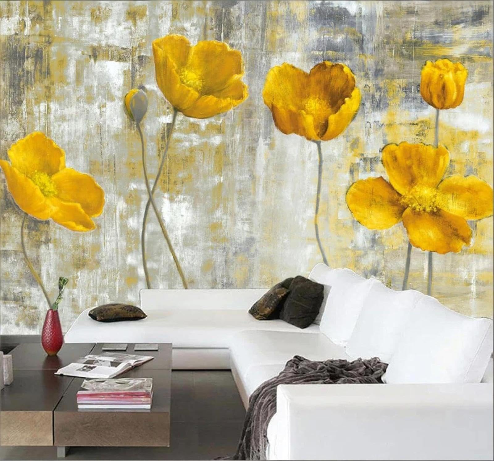 Xlming 350Cm×256Cm(B×H) Vintage Abstract Relief Yellow Flowers 3D Wallpaper Luxury Home Dining Decor Paste Sofa Living Room The Wall For Bedroom Mural-350Cm×256Cm