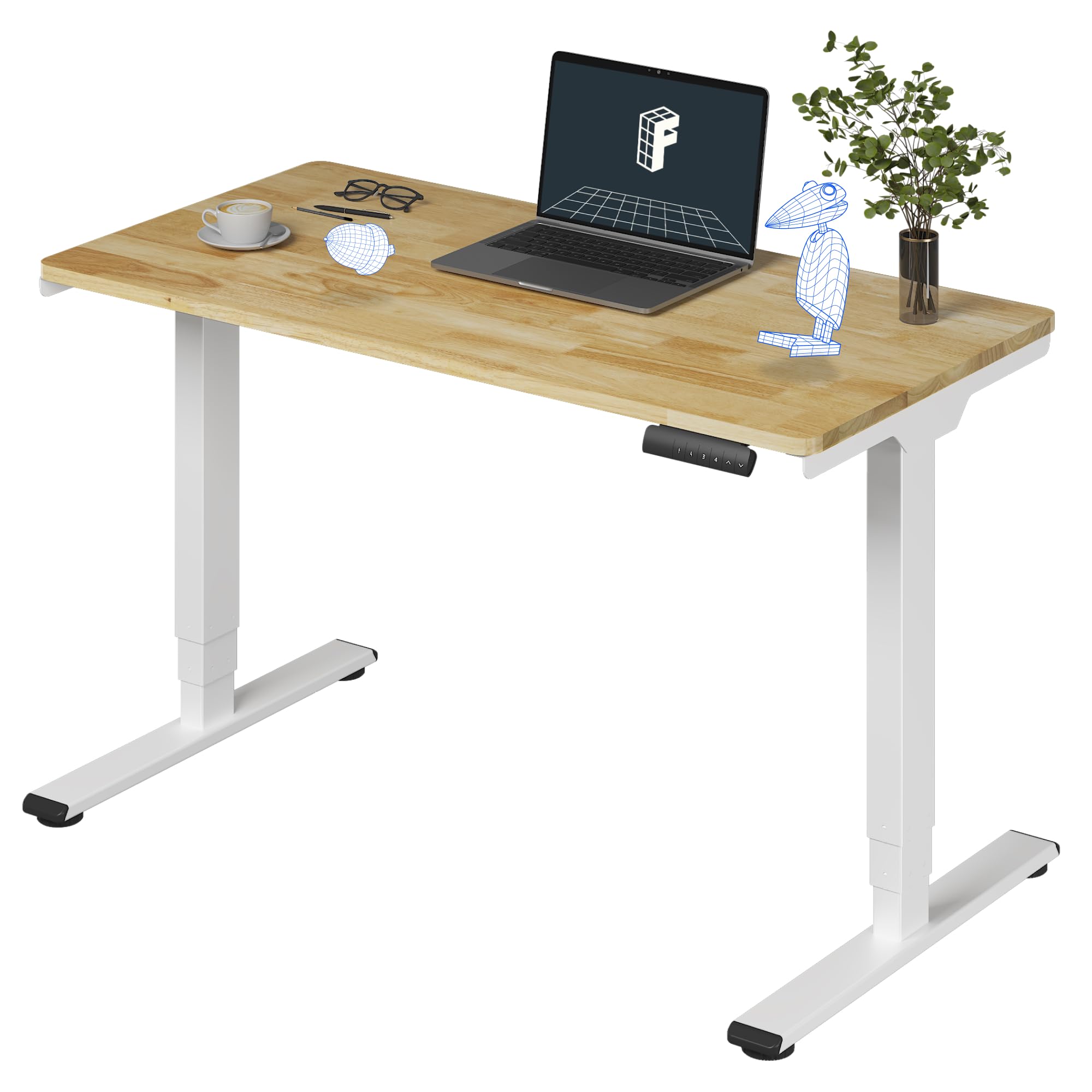 FLEXISPOT E6 Essential Solid Wood 3 Stages Dual Motor 48x24 Inch Electric Height Adjustable Standing Whole-Piece Board Rubber Wood Desk Sit Stand Up Desk (White Frame + Solid Wood Desktop)