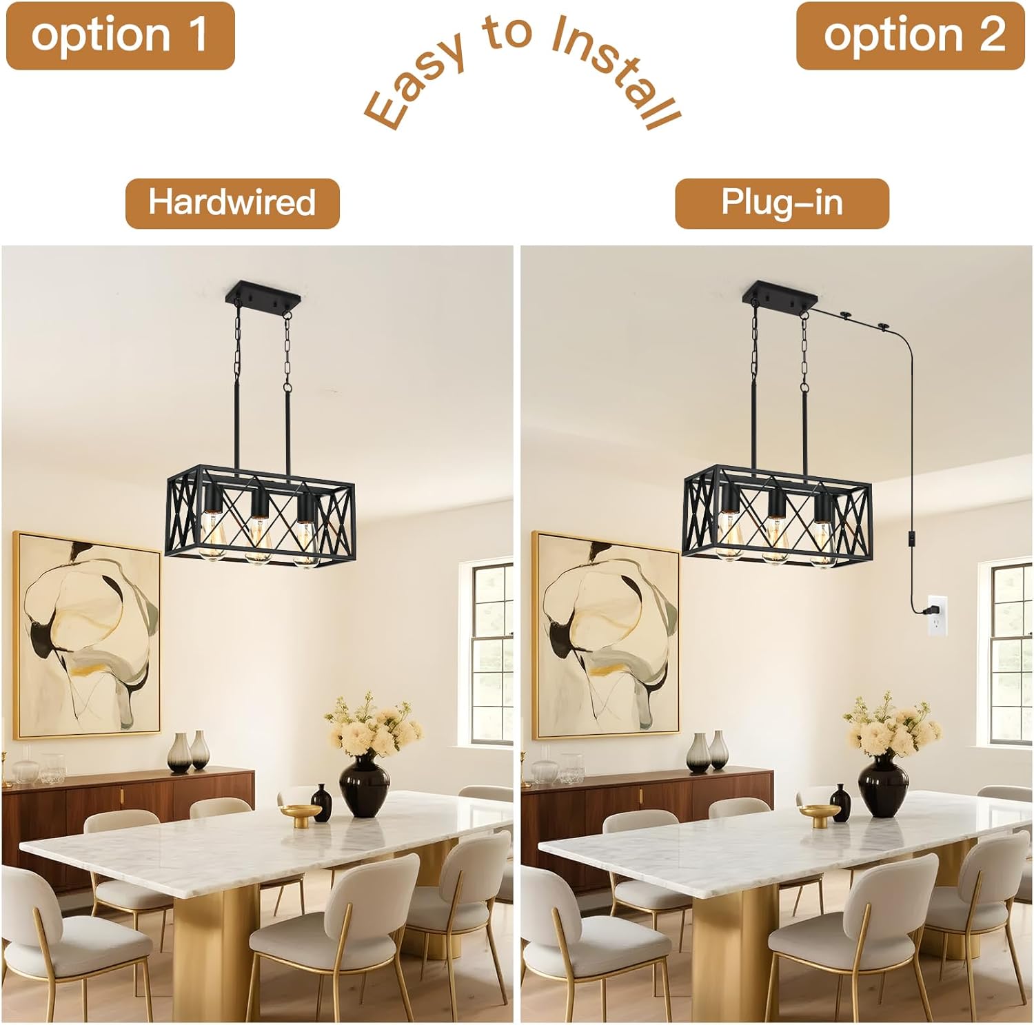 KEESFU Plug in Chandelier Black – Farmhouse Plug in Ceiling Lights, 3-Light Rustic Kitchen Pendant with 14.7ft Cord for Dining Room, Living Room, Foyer, Over Sink or Island